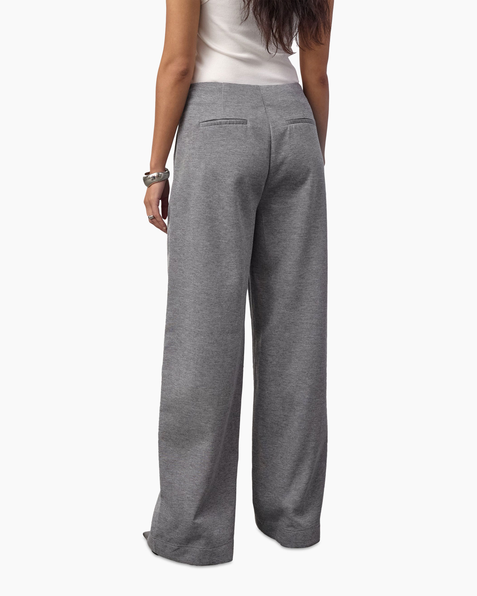 broeken, wijd uitlopend, grijs, broek, elastische taille