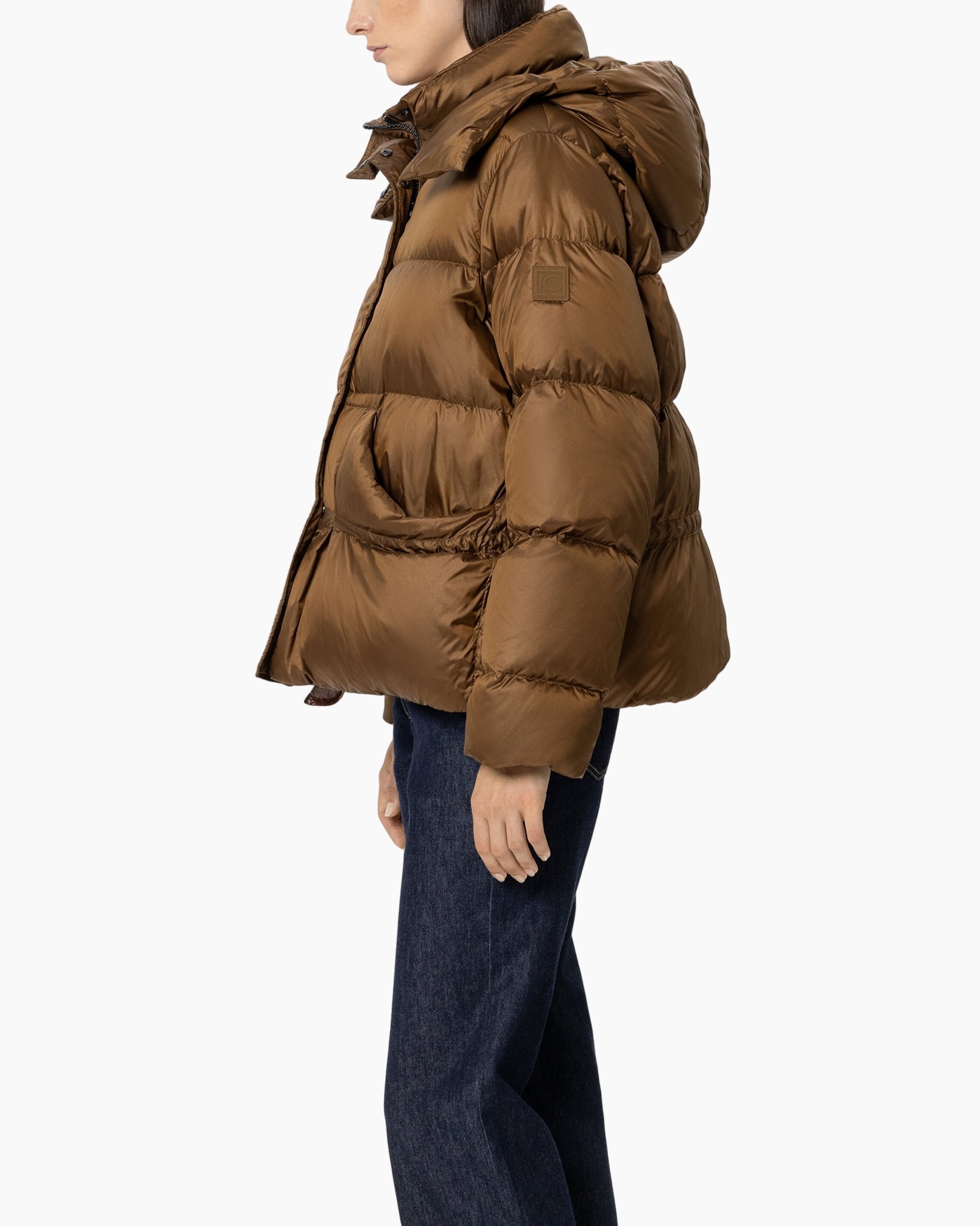 donsjas, bruin, kap"-kap, egequilted?, korte lengte