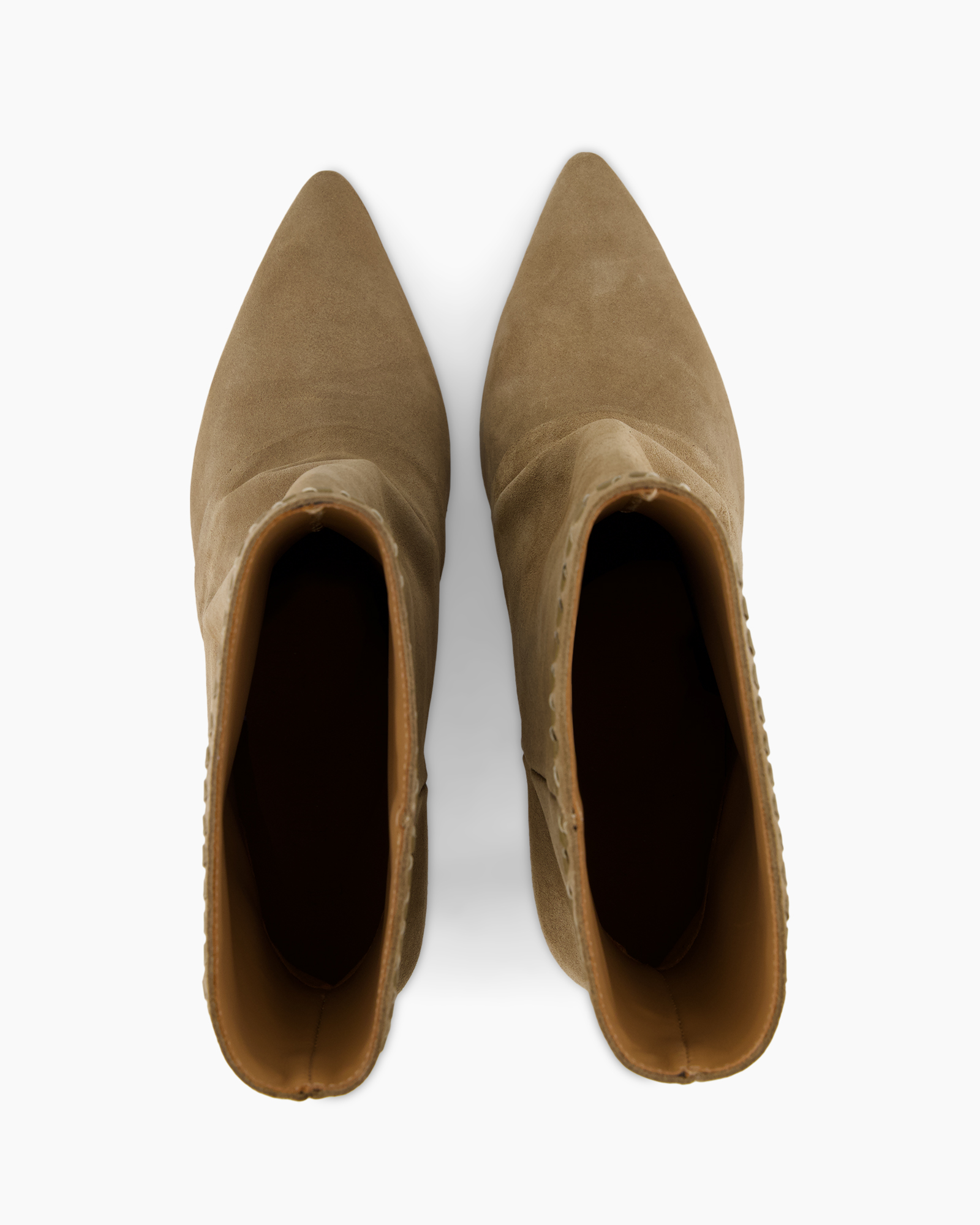 sandaaltjes, tan suède, puntige neus, slip-on, laarzen