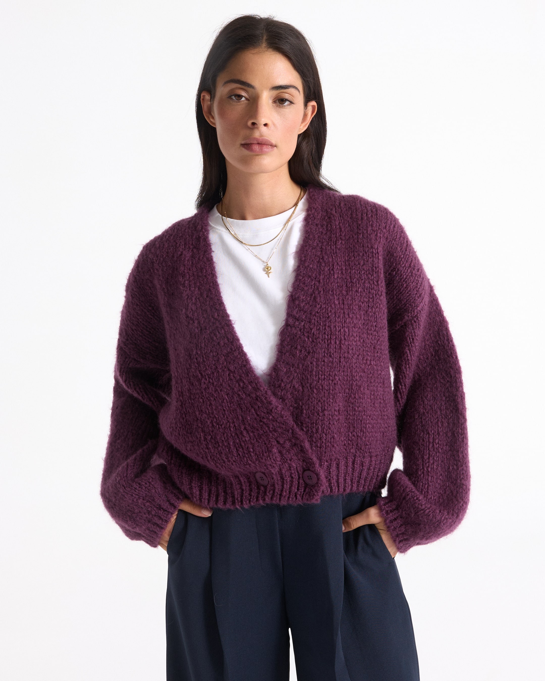 cardigan, breipvolle trui, paars, omslag, basis tee