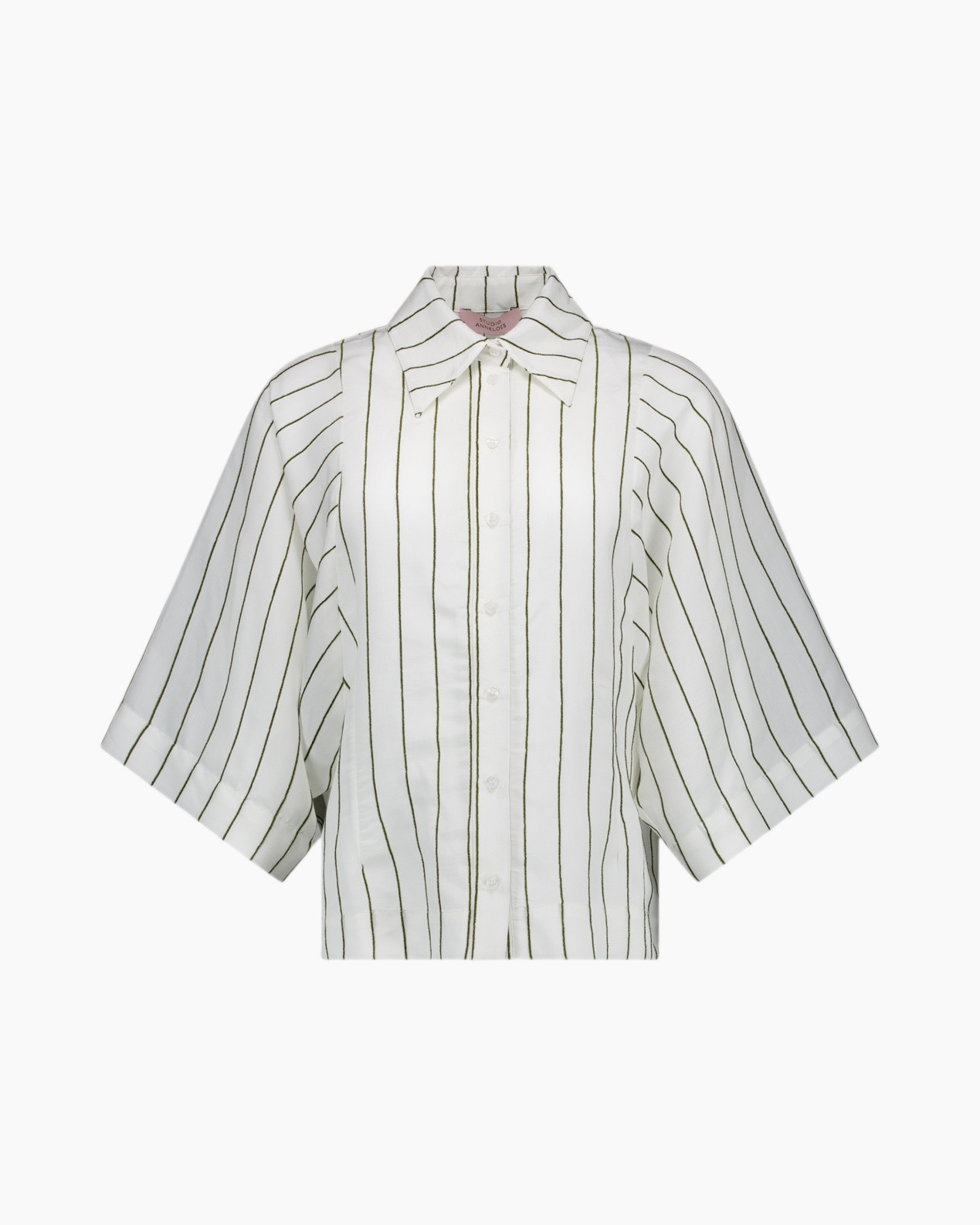 gestreepte blouse, linnen blouse, korte mouw, knopen voorop, kraag blouse