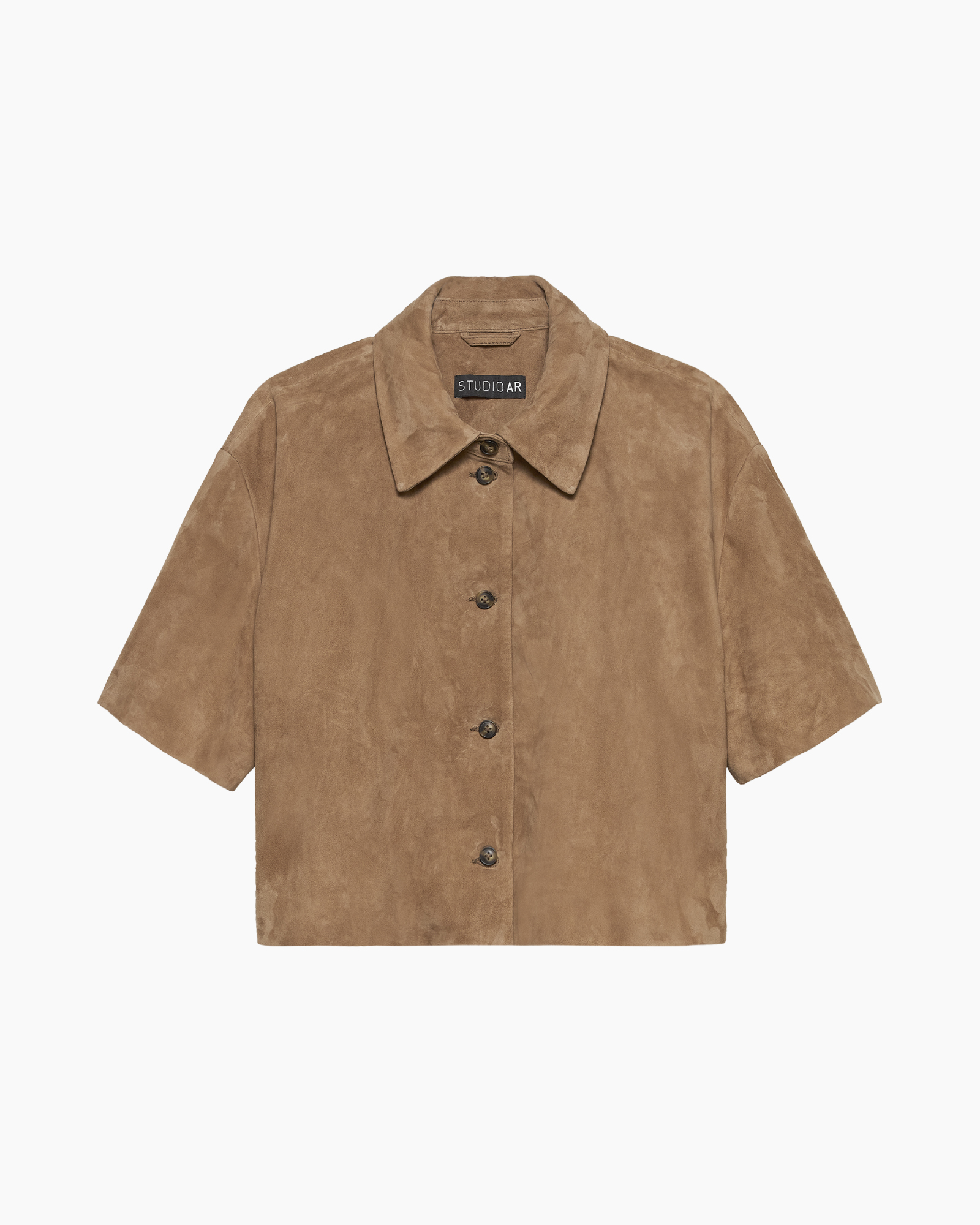 suède, korte mouwen, knoopsluiting, kraag, bruin/tan