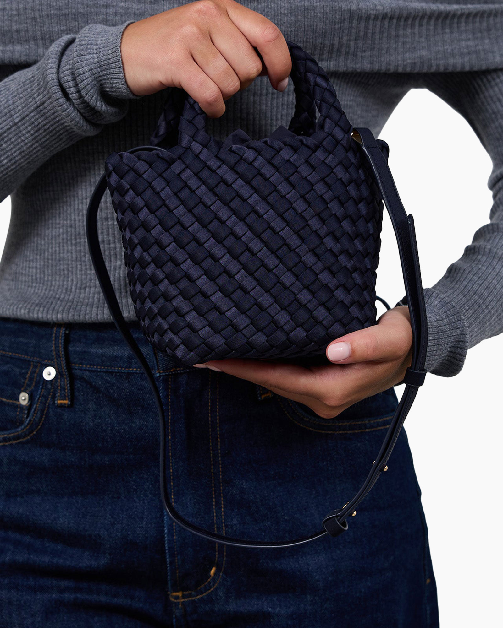 handtas, geweven, kleine schoudertas, portemonnee, navy