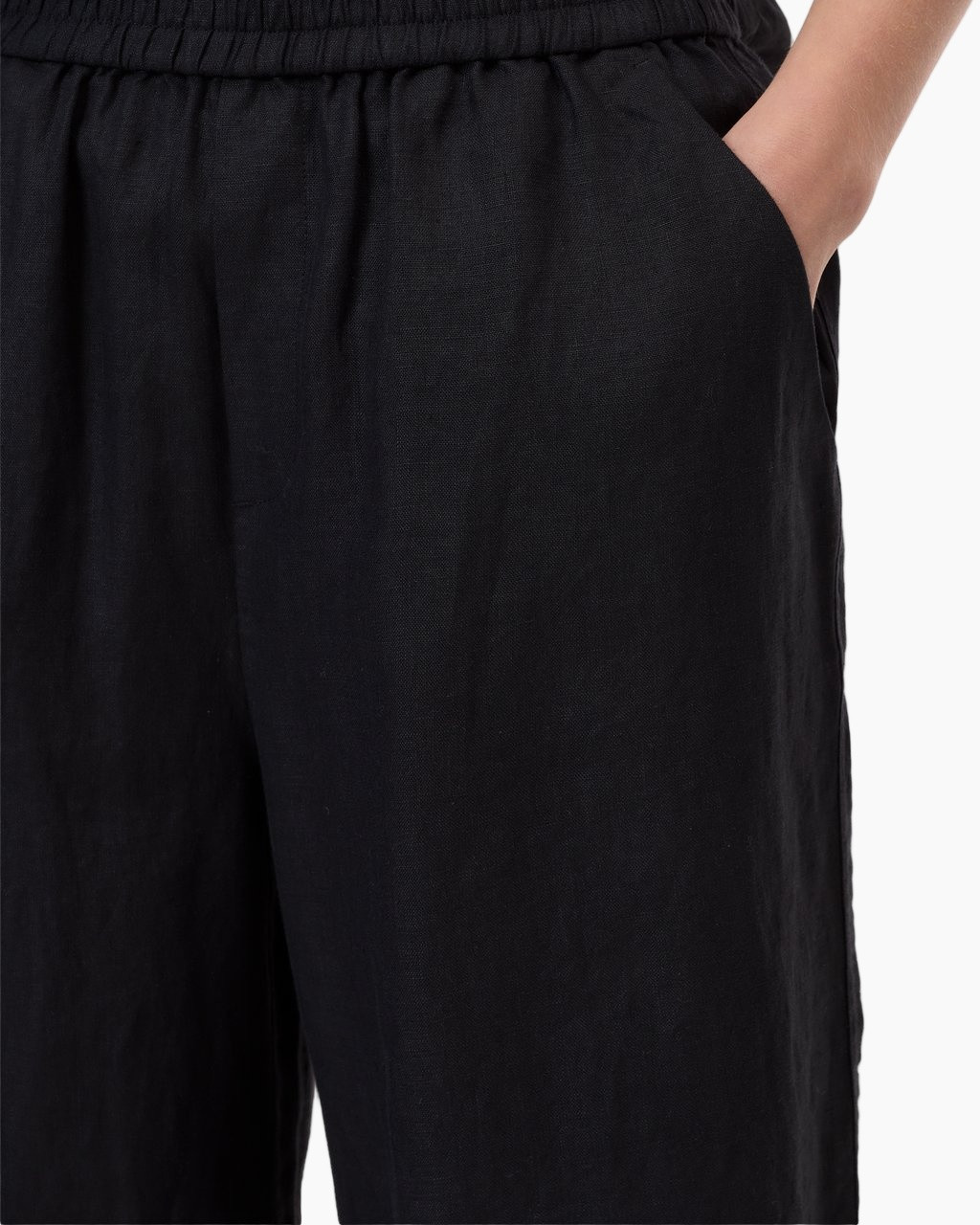 zwart, broek, touwkoord, zakken, linnen-achtig