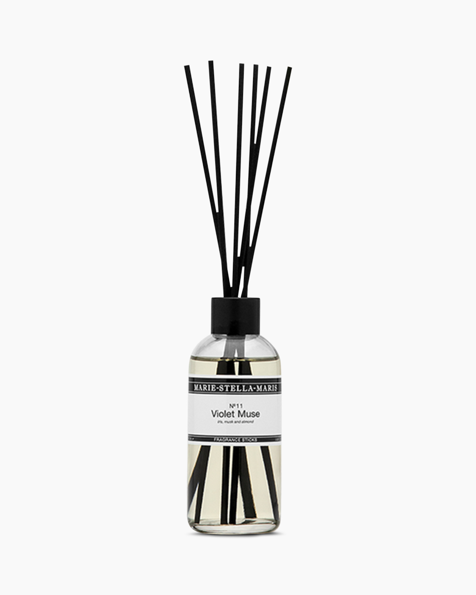 reed diffuser, fragrance sticks, violet muse, glasfles, zwarte rietstokken