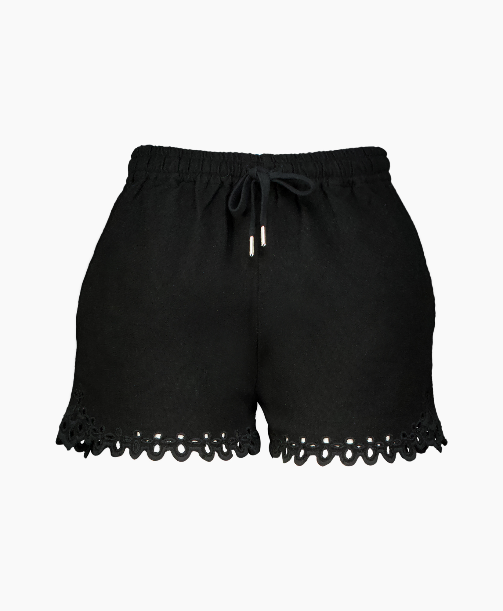 shorts, black, drawstring, lace trim, casual