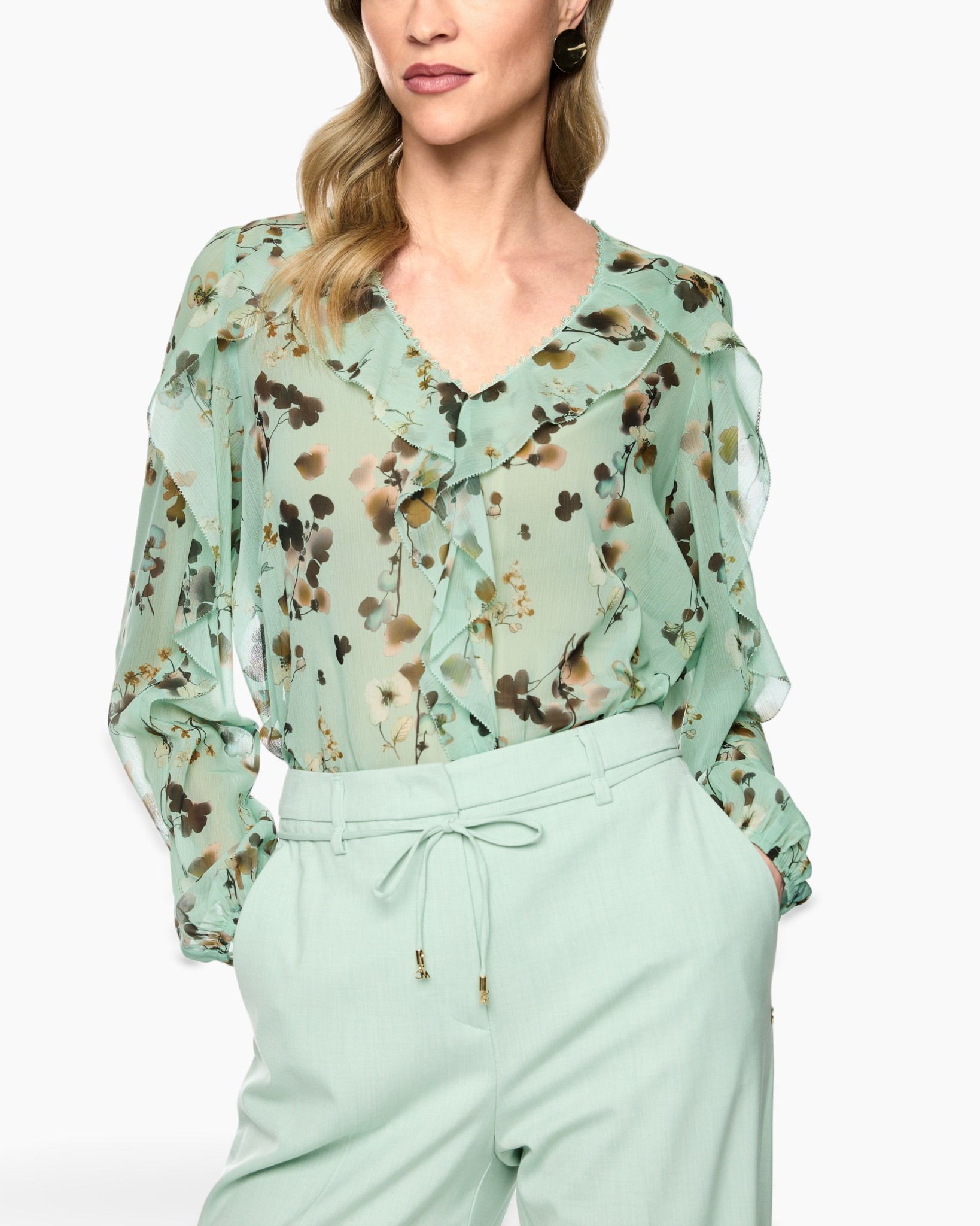 blouse, bloemenpatroon, mintgroen, V-hals, ruches