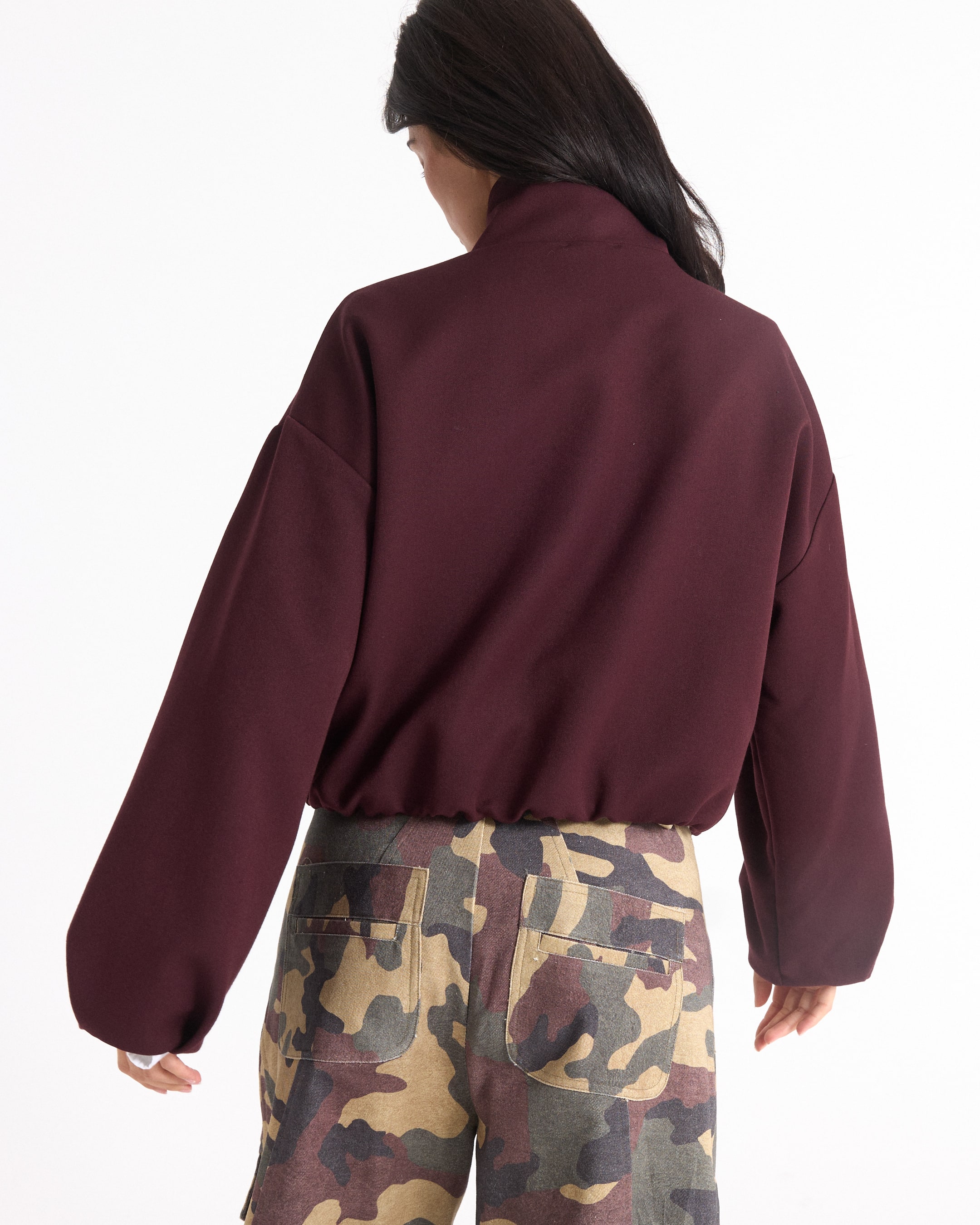 jassen bordeaux, ritssluiting jasje, knoopsluiting, brede mouwen, casual top