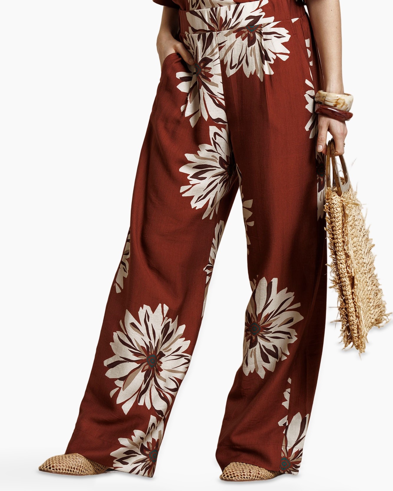 brede pijpen, bloemen patroon, terra cotta, linnen-achtig, zomerbroek