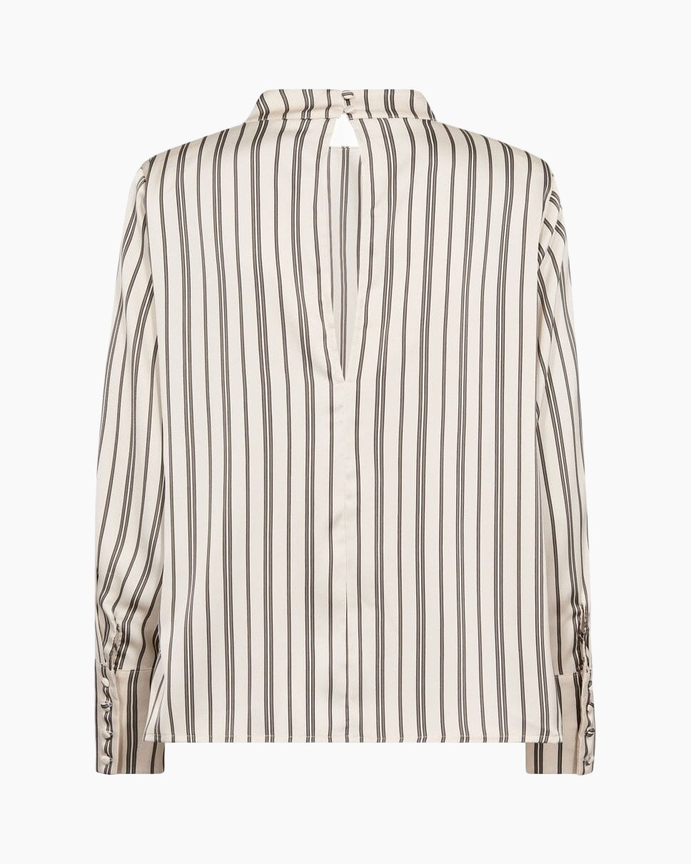 gestreept, blouse, hoge hals, knopen details, lange mouw