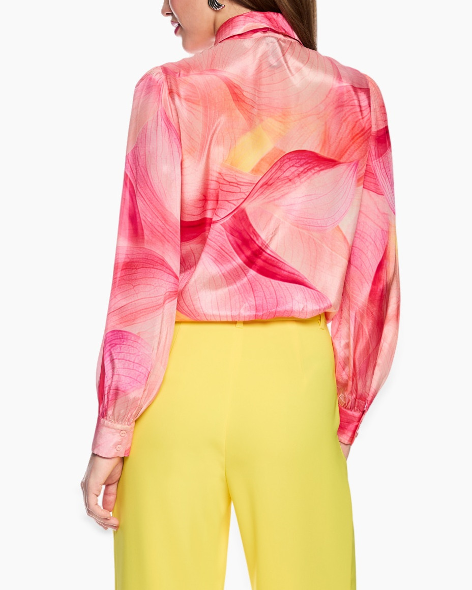 pink blouse, tie-neck, sheer sleeves, colorful pattern, yellow trousers