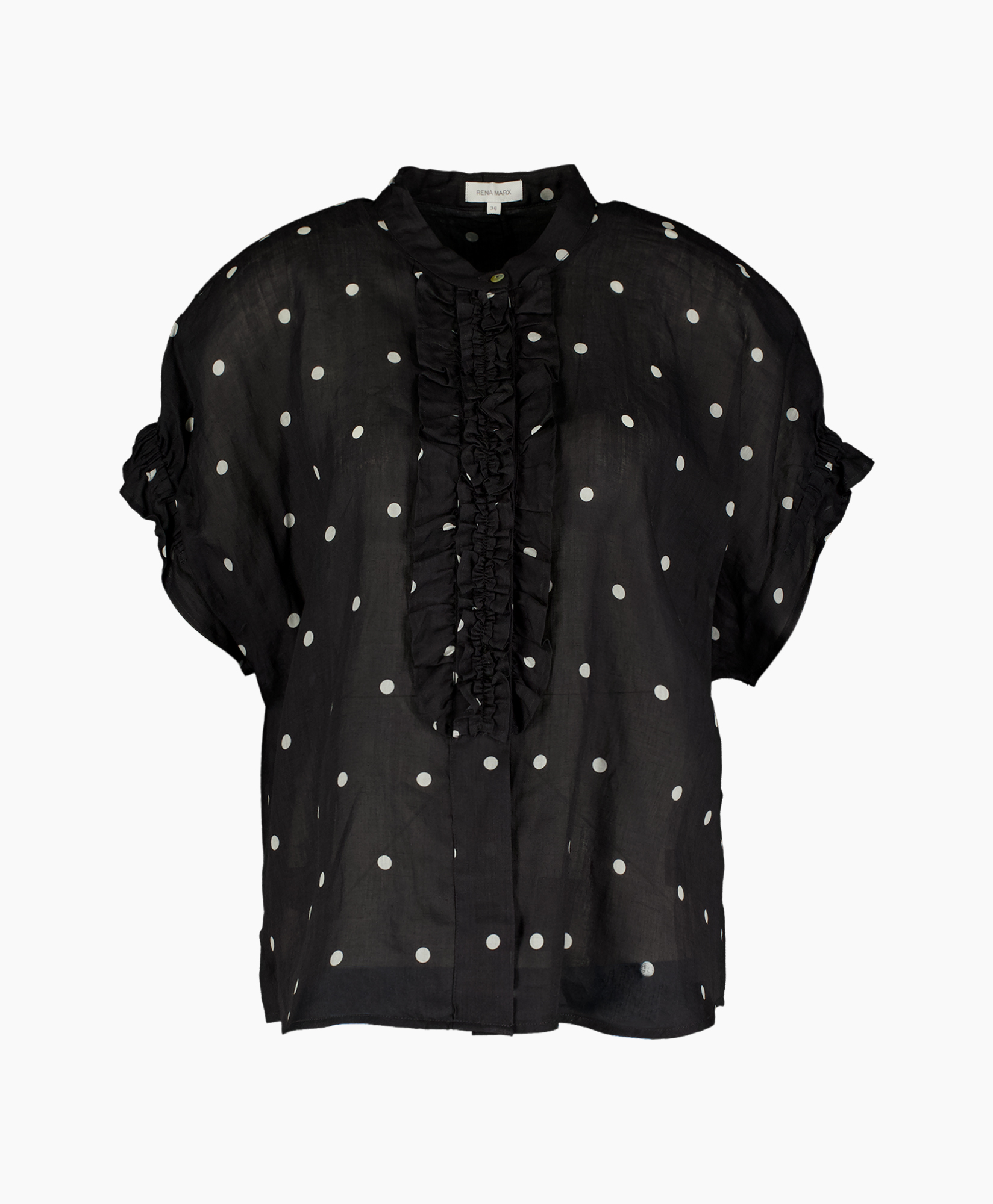 polka dot, zwarte blouse, geruffleerde voorkant, korte mouwen, knopenrij