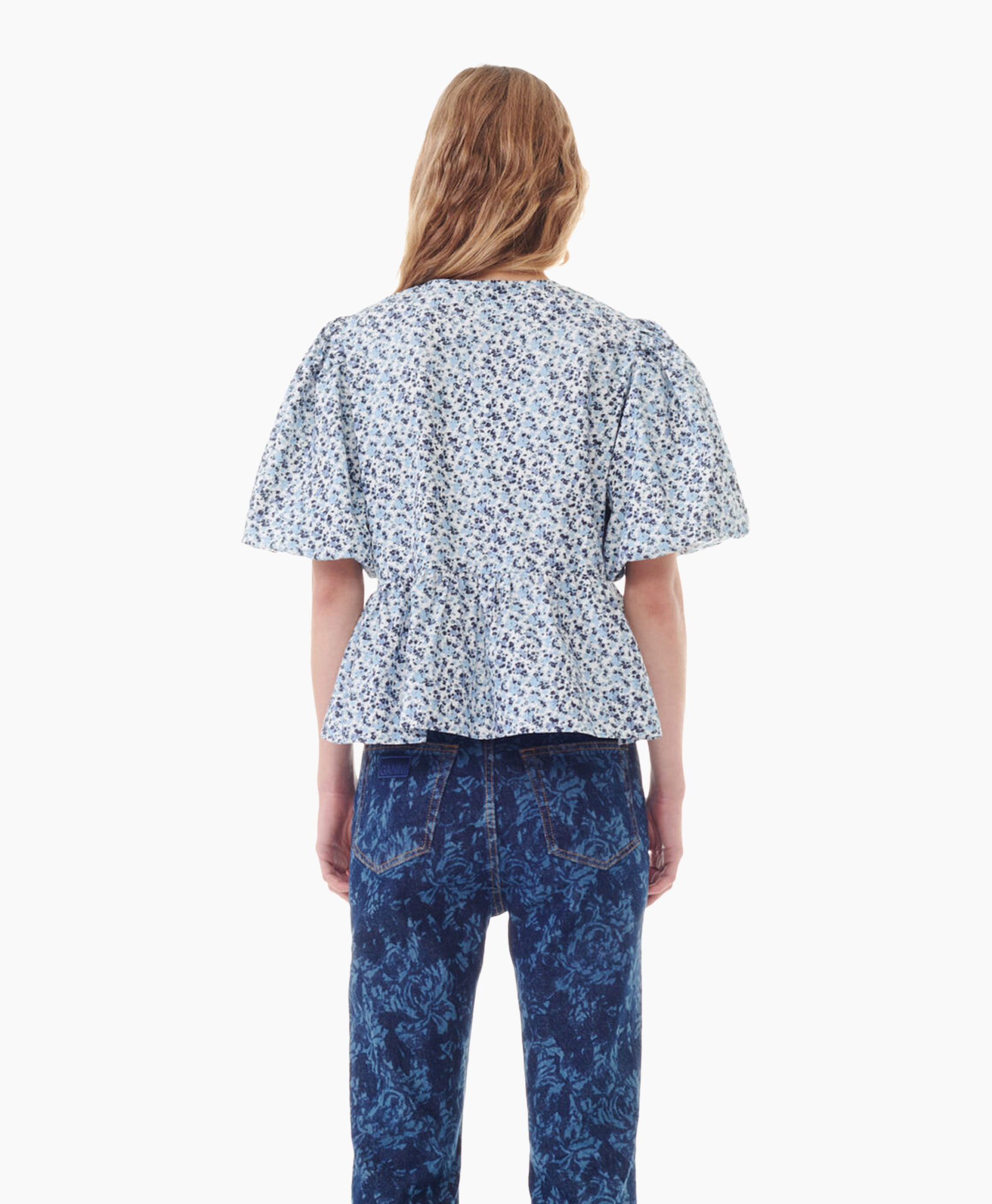 Blouse Printed Cotton Poplin Peplum Blauw