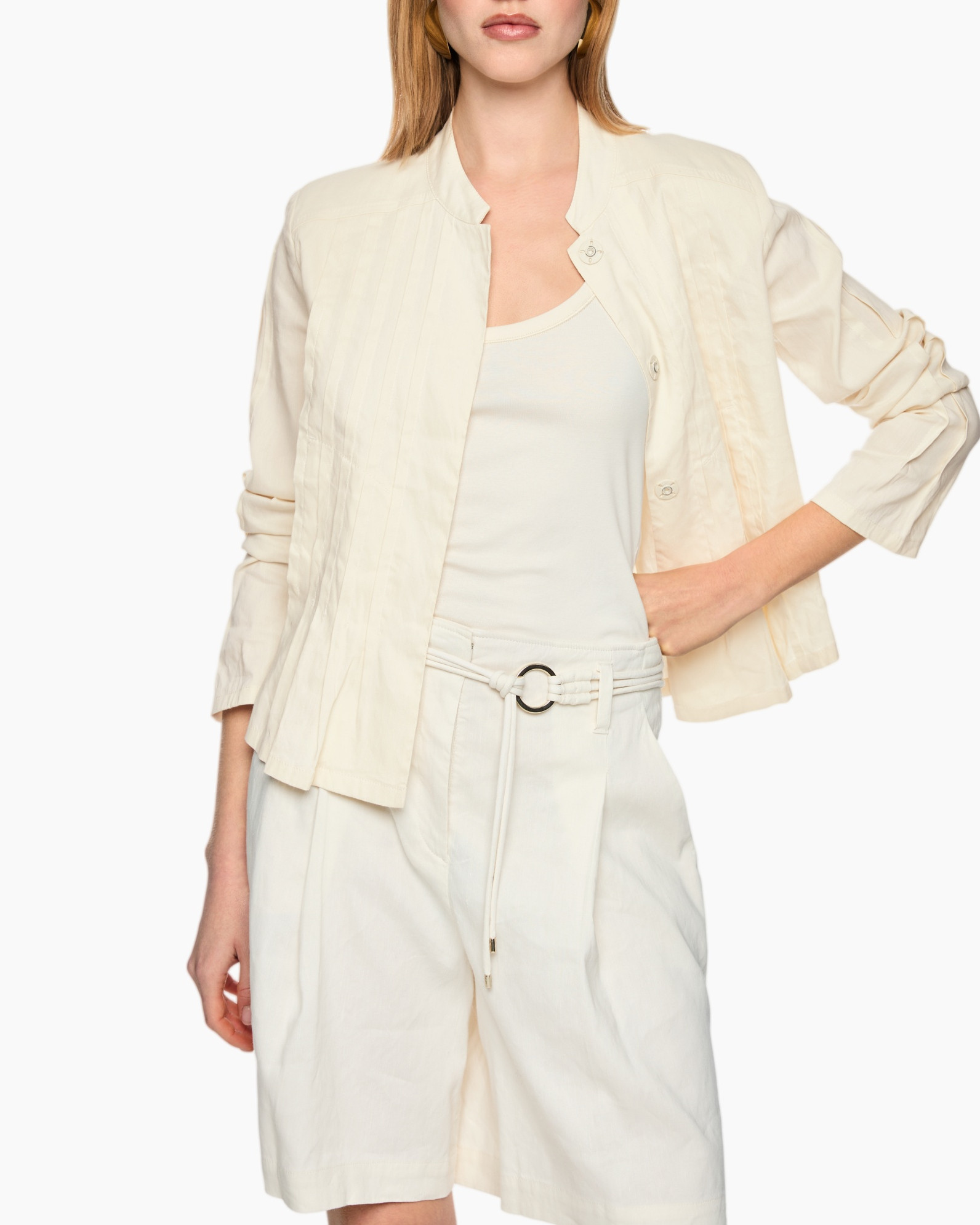 linen jacket, beige cardigan, collared jacket, long sleeves, tonal belt