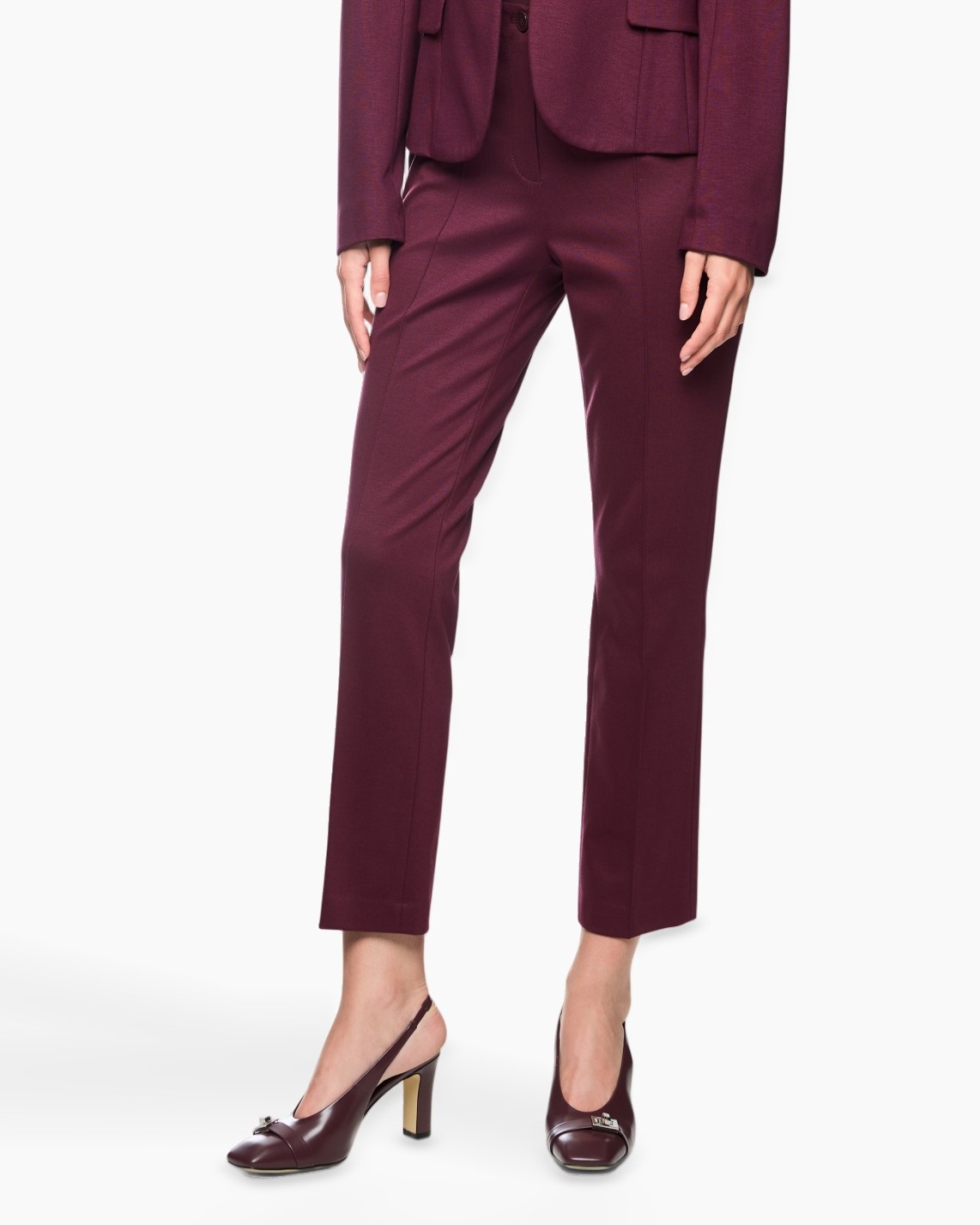 broeken, burgundy, slacks, enkellengte, hakken