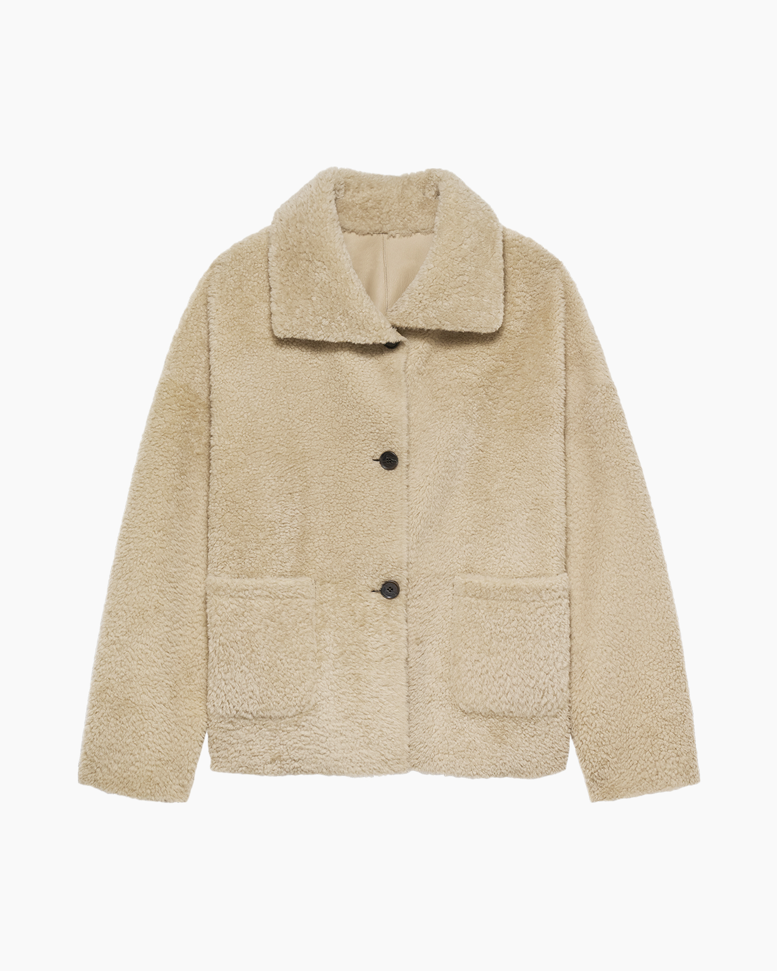 bruin jasje, shearling kraag, knopen voor, zakken, oversized pasvorm