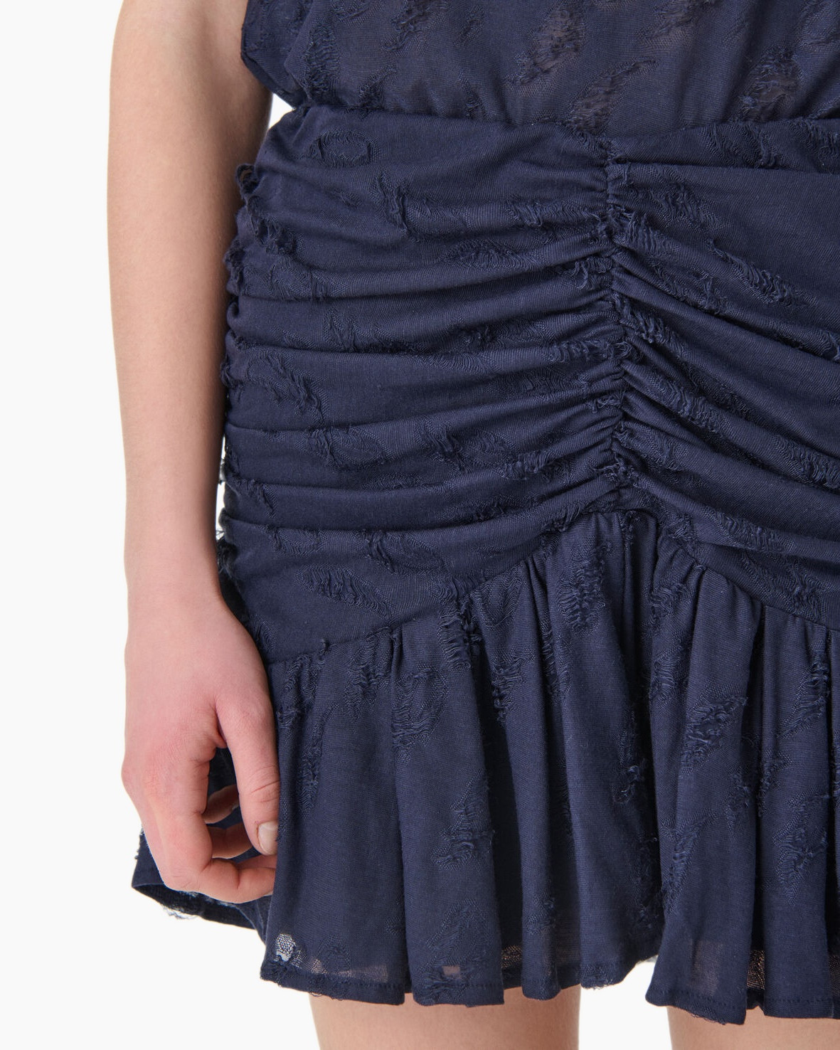 navy, dress, ruched, wrinkled texture, short skirt