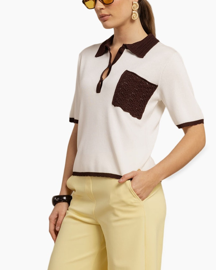 kraag polo, korte mouw, zakdetail, kleurcontrast, contrast bies