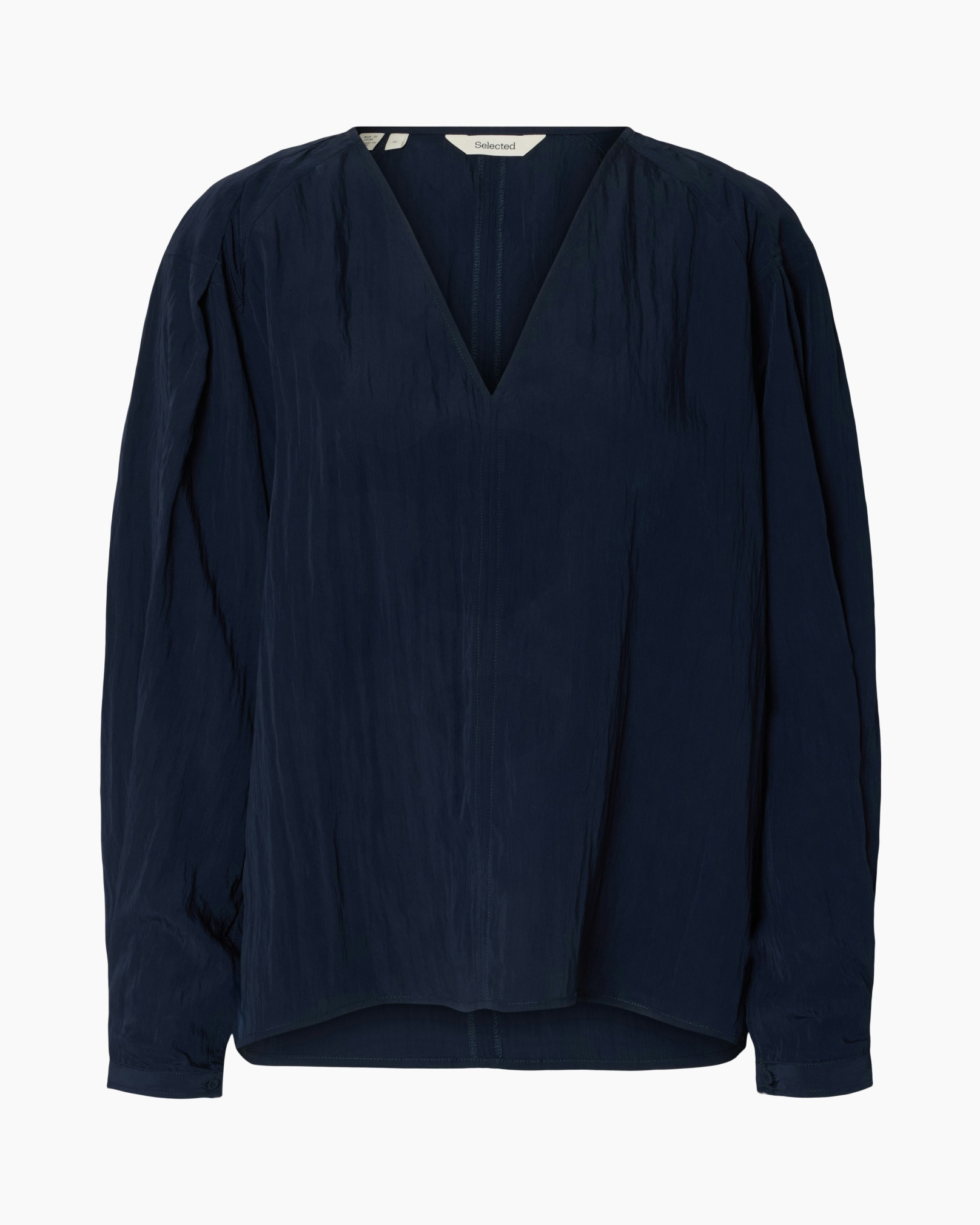 navy, blouse, long sleeve, v-neck, solid color