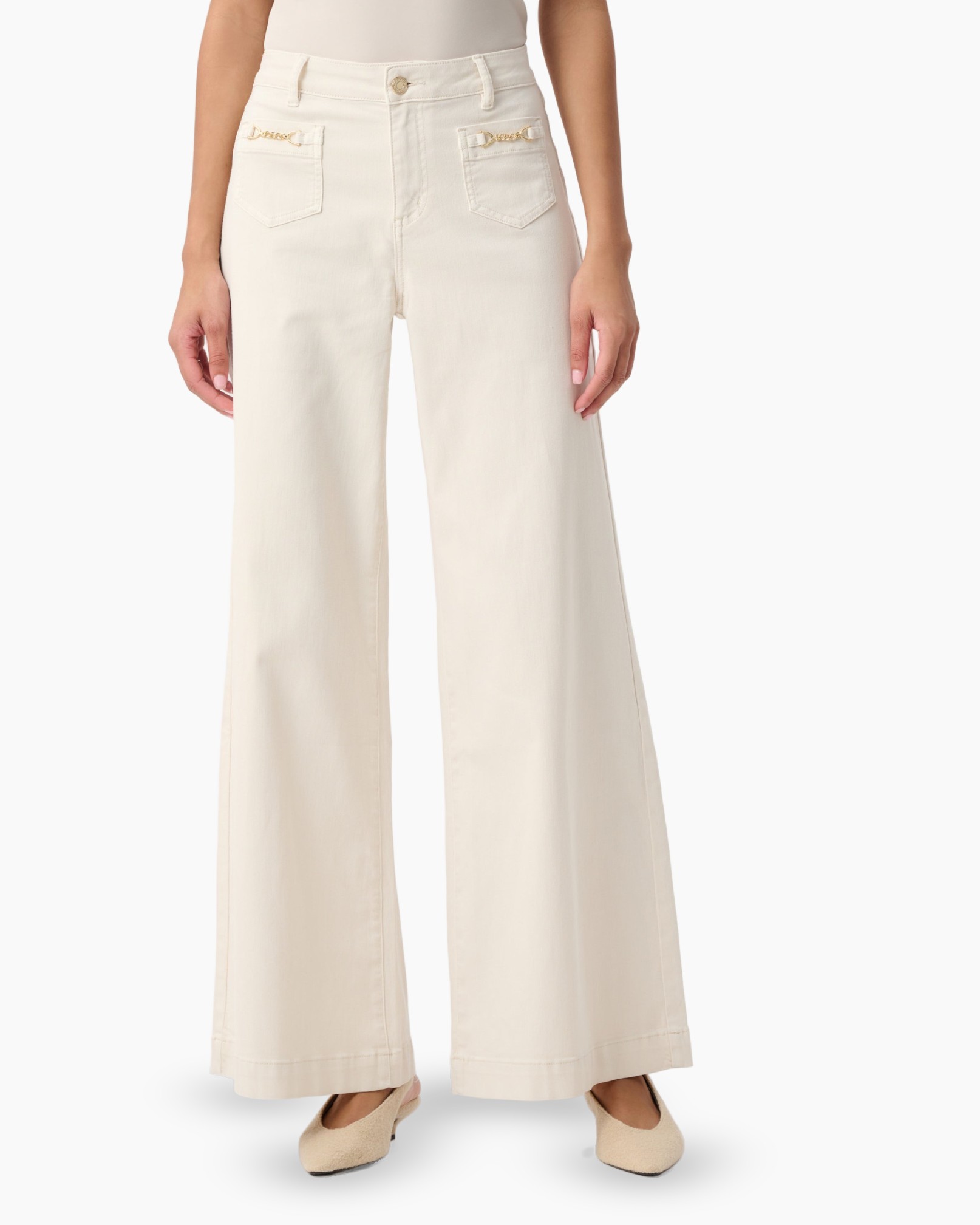 broek, wijdere-leg, crème, denim-achtig, hoog-taillijn