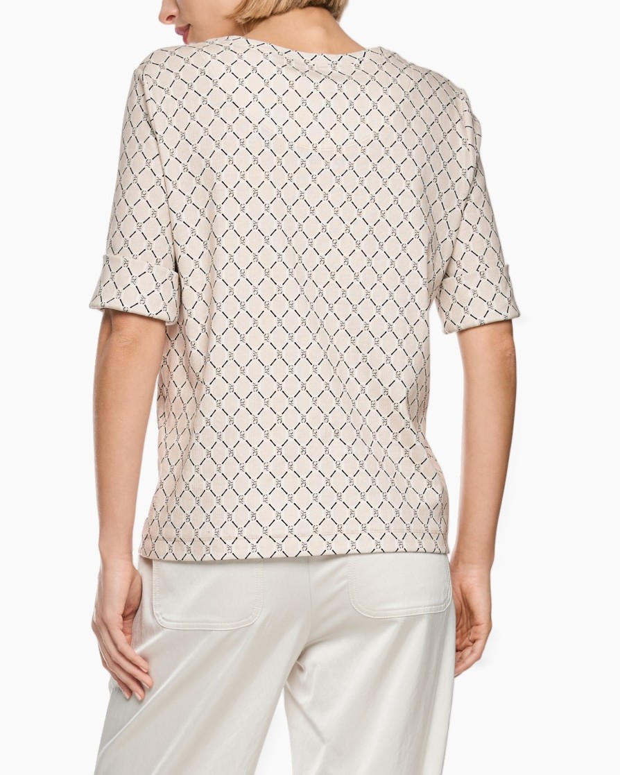 top, blouse, patroon, beige, korte mouwen