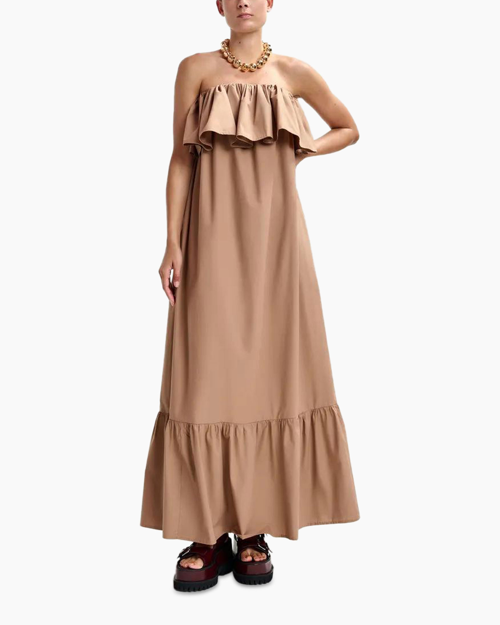 maxi dress, strapless dress, ruffled top, beige, ankle-length