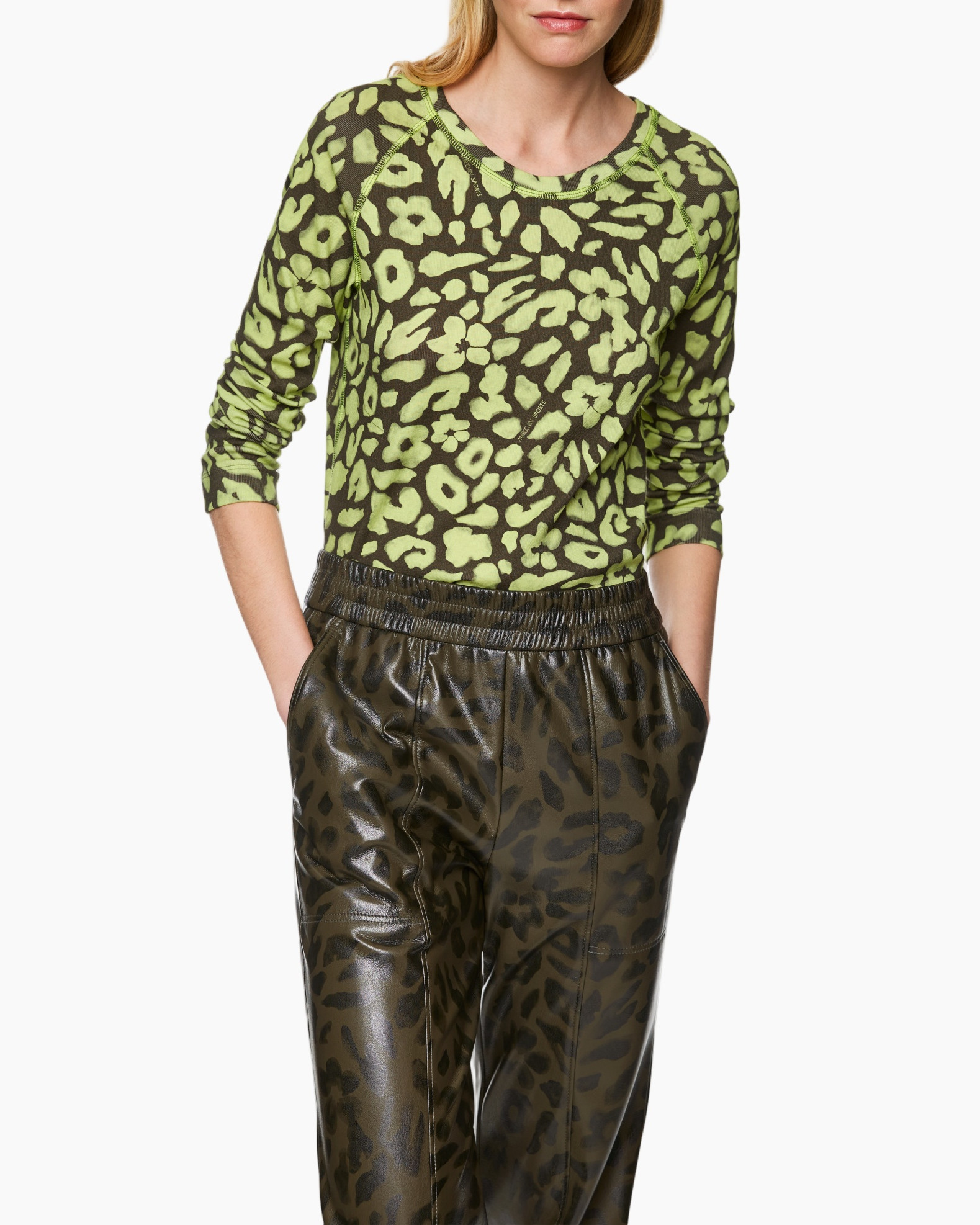 leopard print, knit top, long sleeves, green, fashion pants