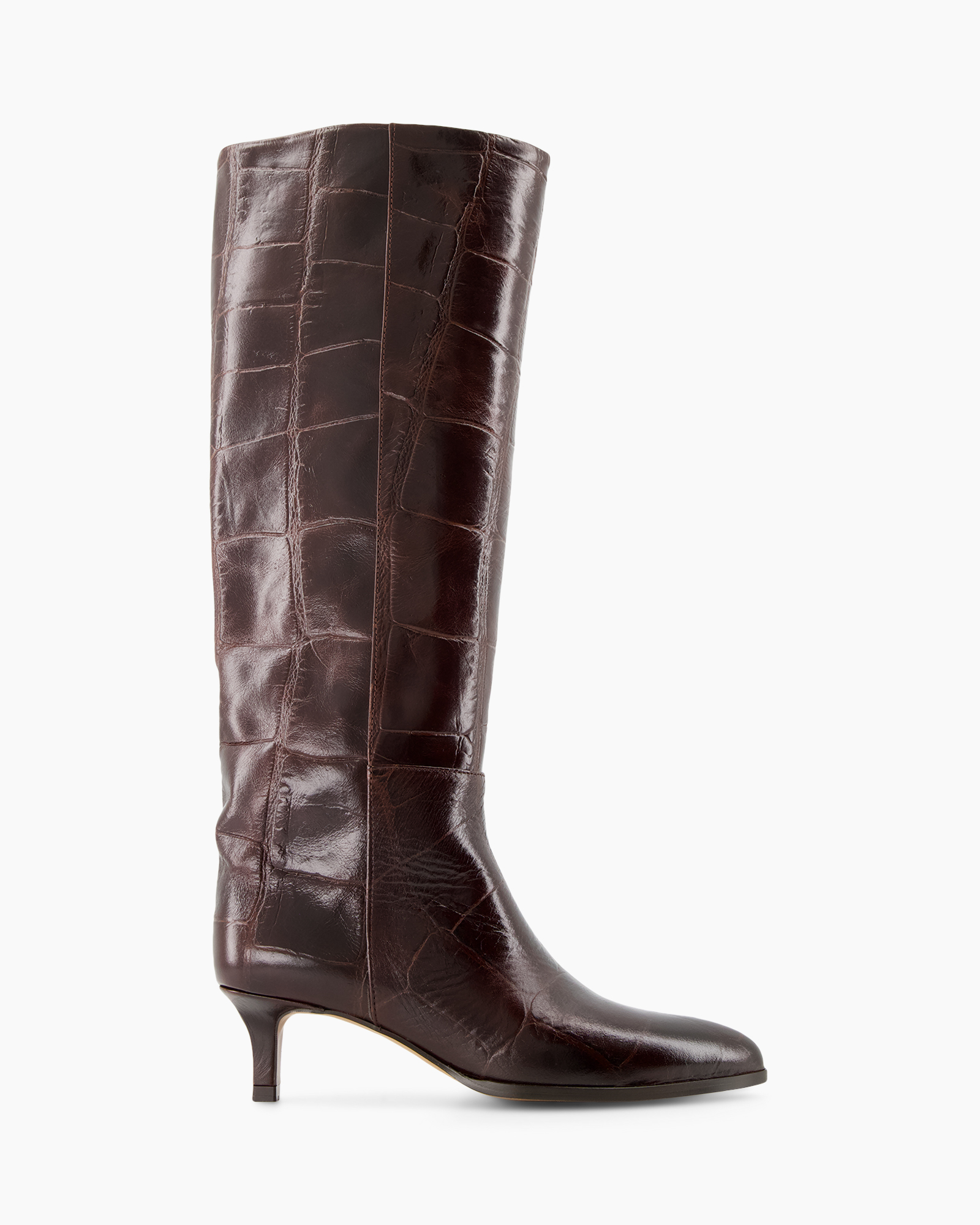 knee-high, laarzen, bruin, krokodillenhuid-geeltextuur, middelhoge hak
