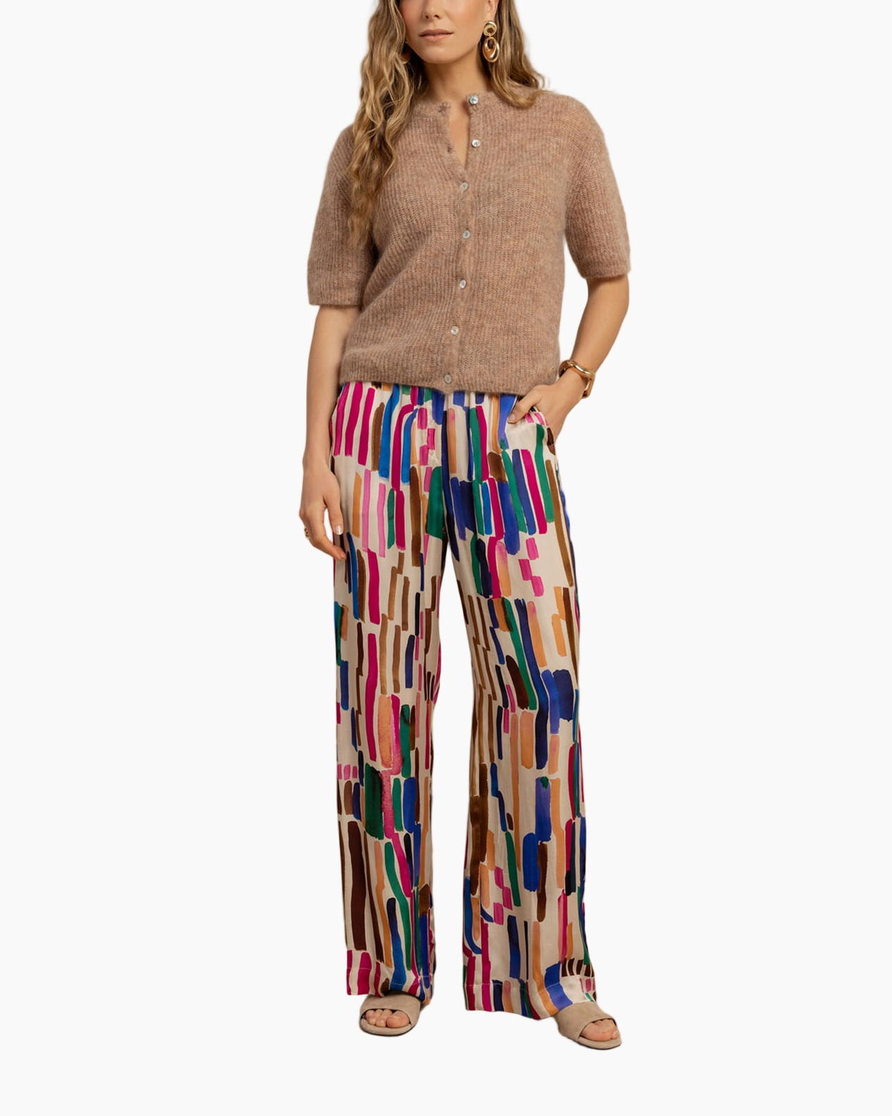 wide-leg pants, abstract print, multicolor, beige base, elastic waistband