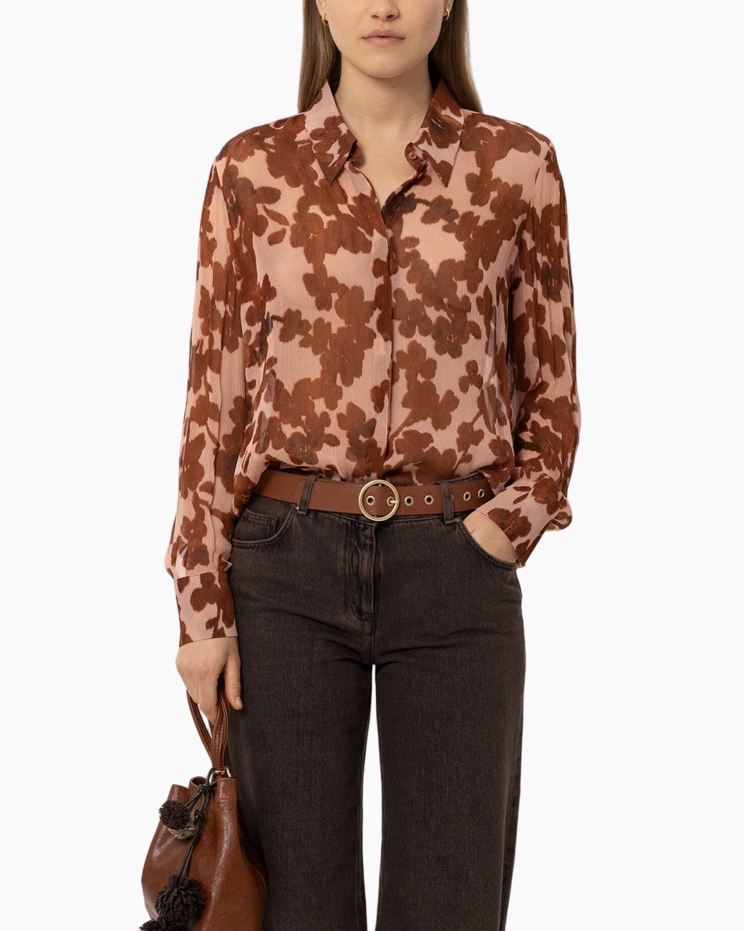 blouse, paisley, druk, bruin, langerm
