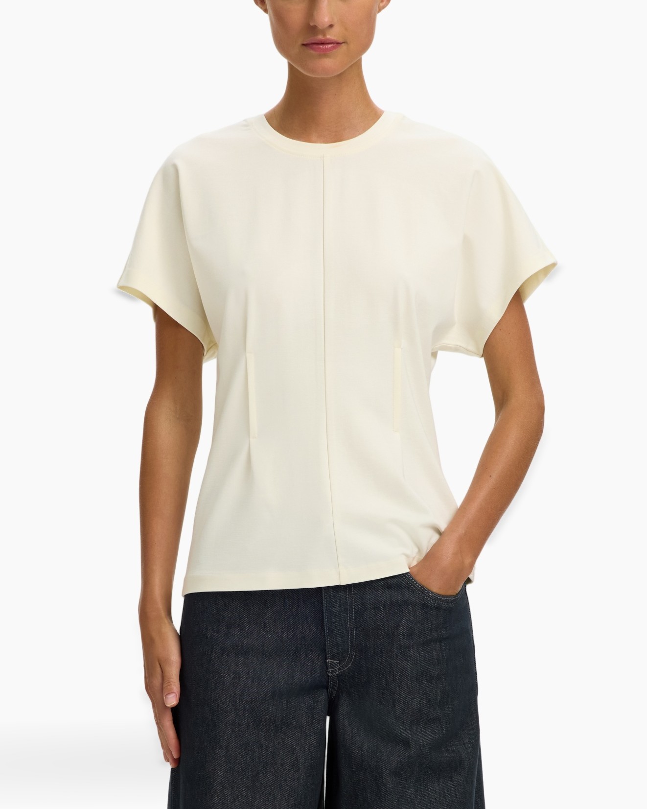 top, korte mouwen, crepe, crème, slim-fit