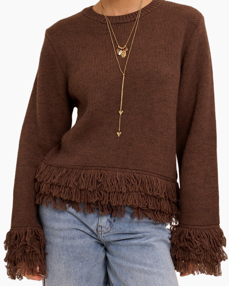 sweater gebreid, bruin, fringe zoom, lange mouwen, casual top
