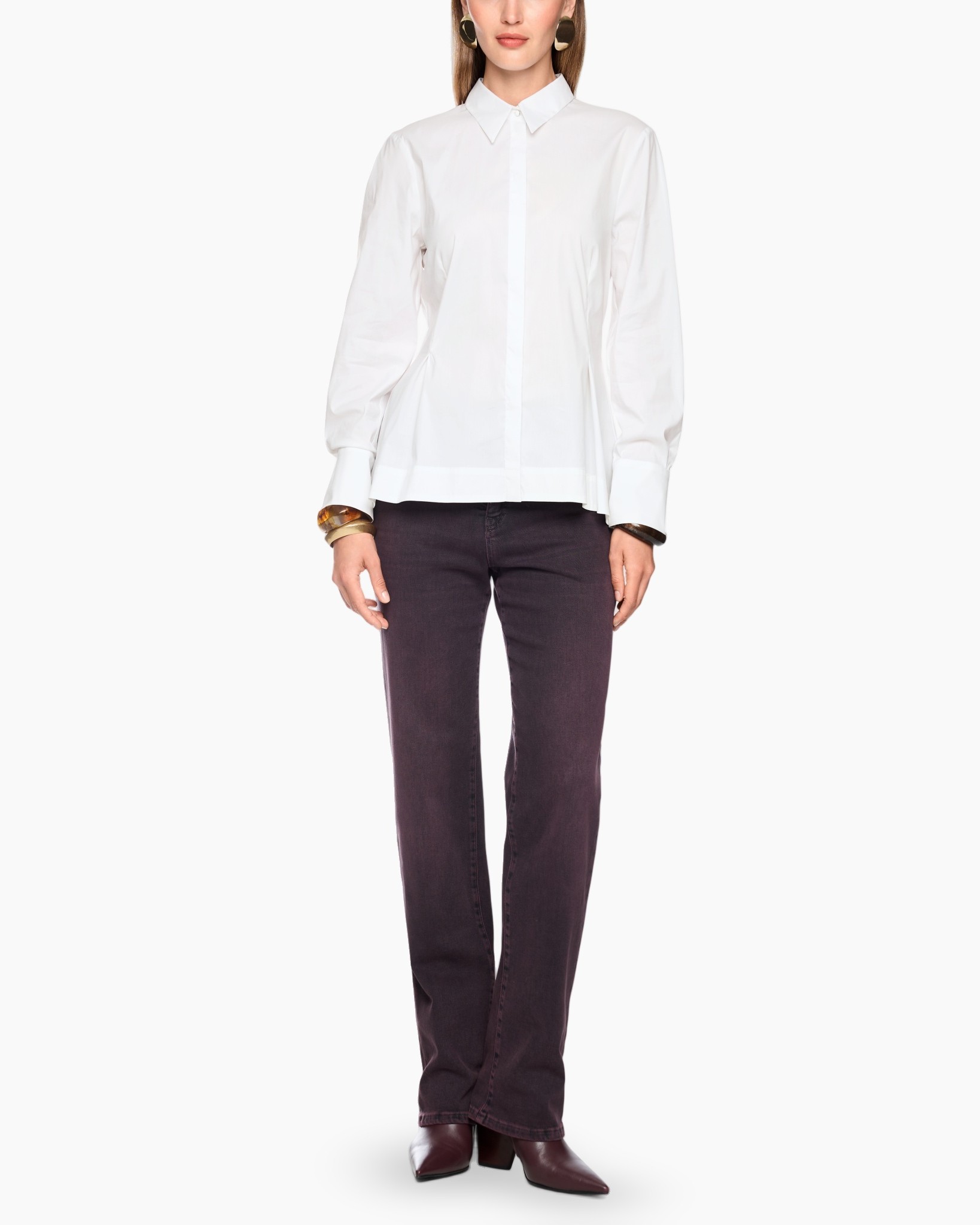 witte blouse, knopenkraag, kraagkraag, lange mouwen, vrouwen