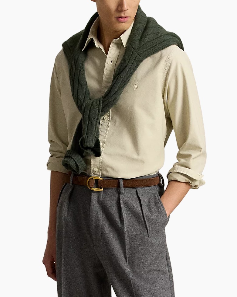 blouse/shirt, beige shirt, breip scarf, donkergroene/ donkergrijze sjaal, grijze broek