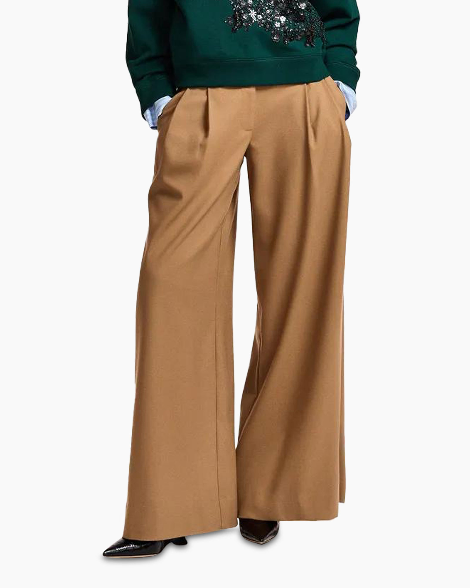 wijded, broeken, camel, broek, plooien