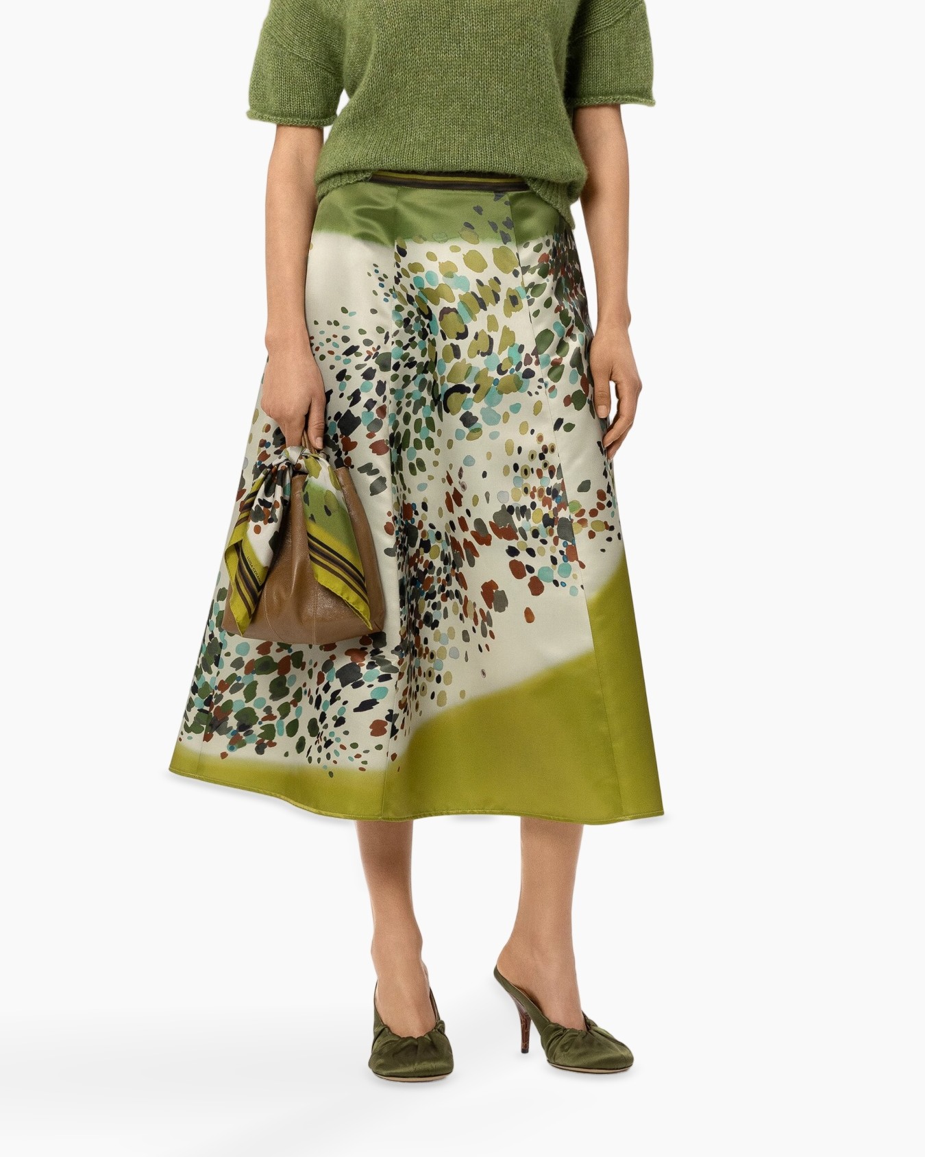 rok, middellang, bloemenpatroon, groen, polyester