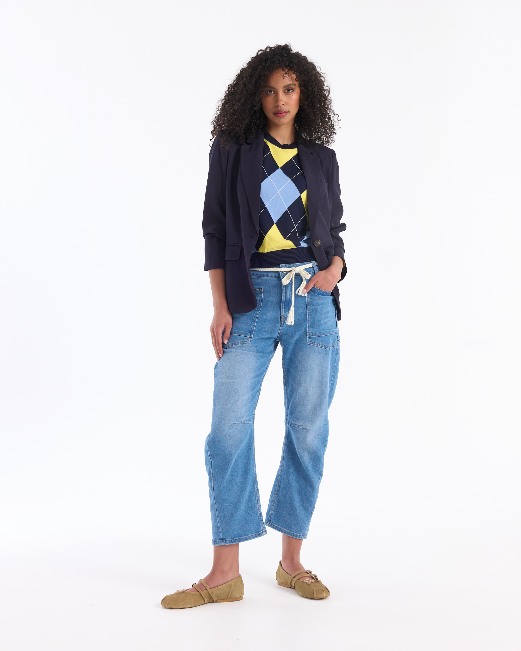 argyle, sweater, short-sleeve, navy, blue-yellow