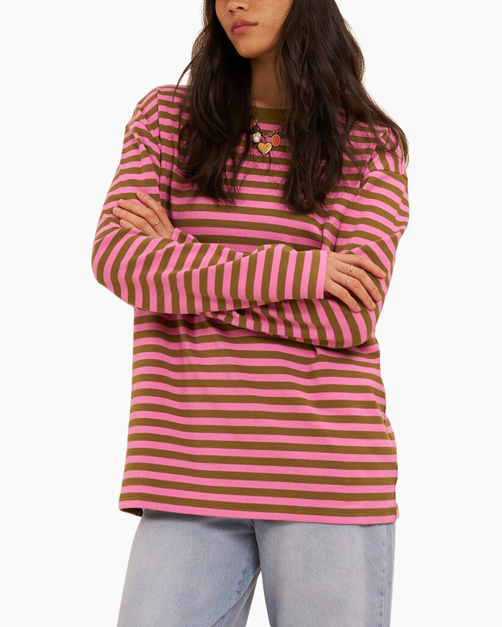 trui met strepen, roze-bruin strepen, lange mouwen, ronde hals, casual top