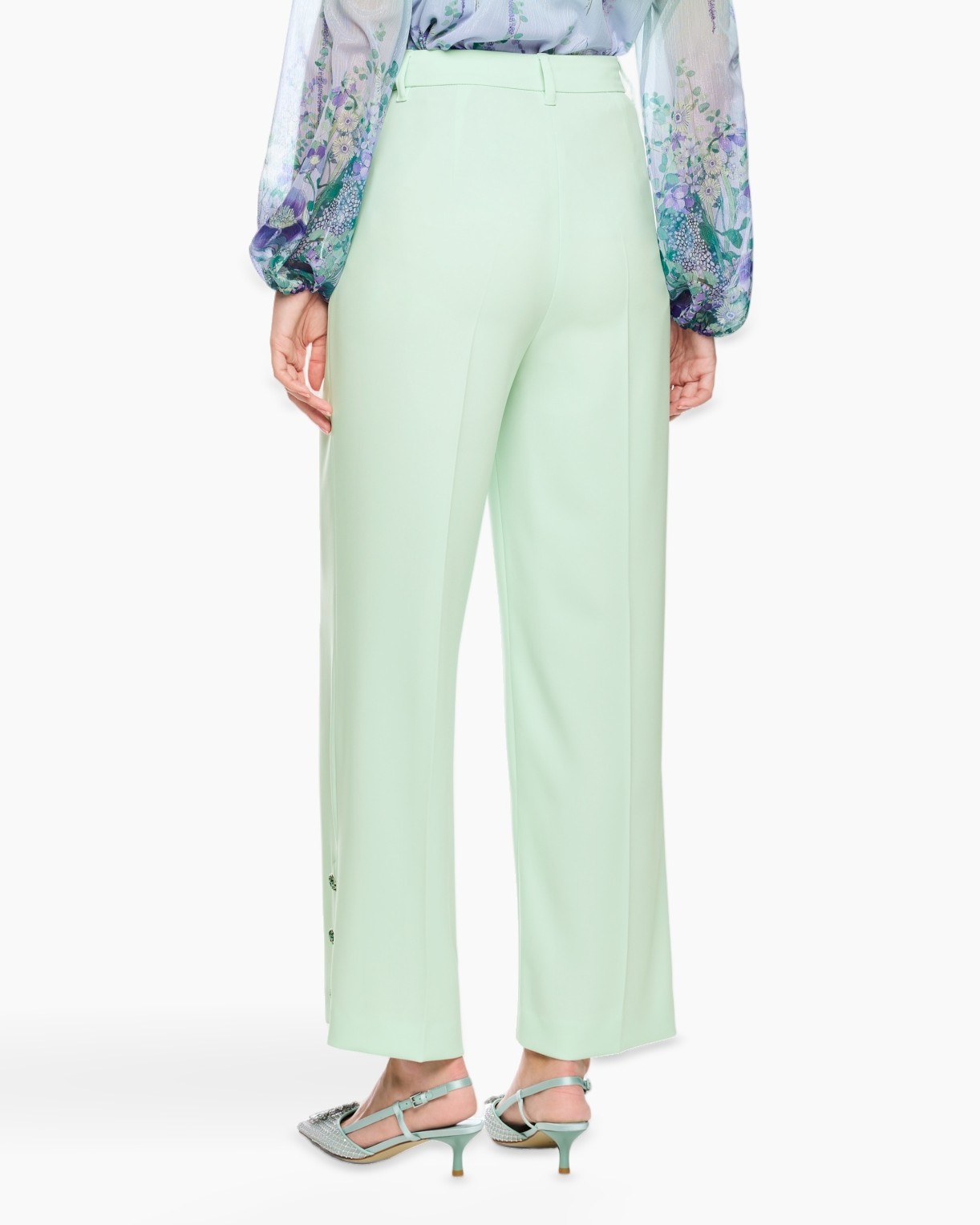 broek, wijdelig, mintgroen, hoog in taille, knopen-detail