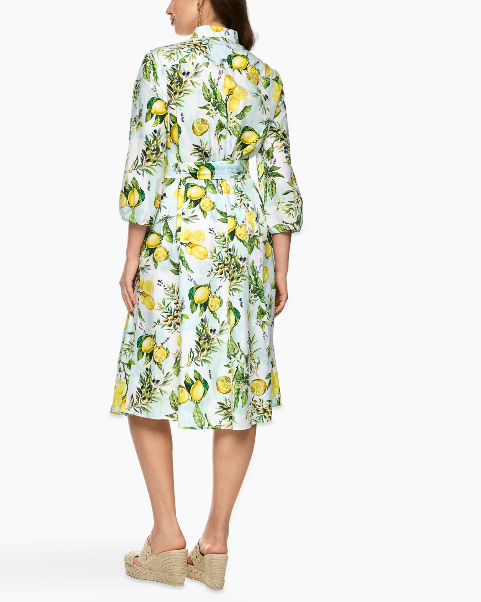 jurk, mid-length, citroenprint, riem, pofmouw