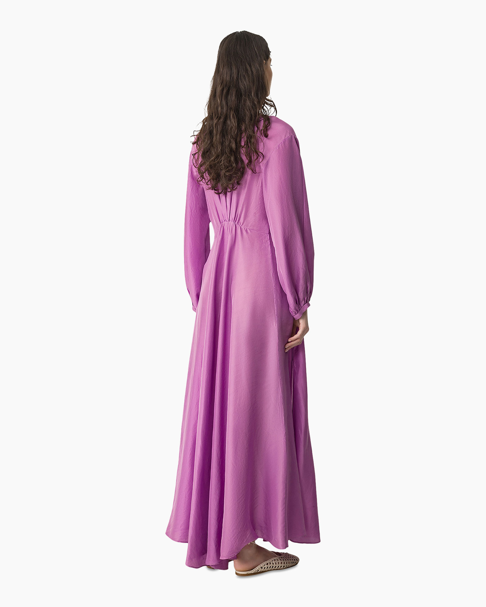 jurk, paarse jurk, lange mouwen, V-hals, parels