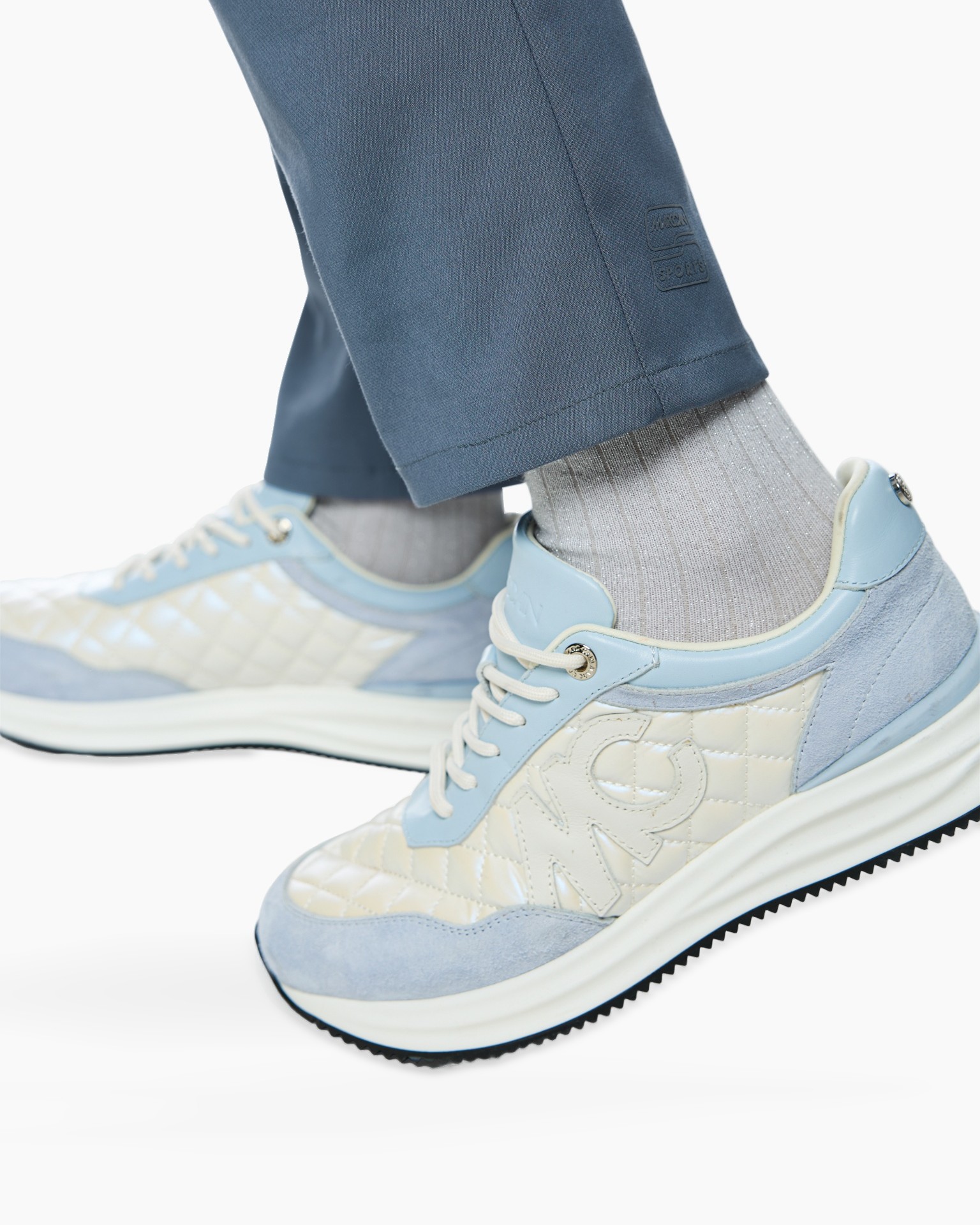 sneakers, sportschoenen, gestept patroon, lichtblauw, veters