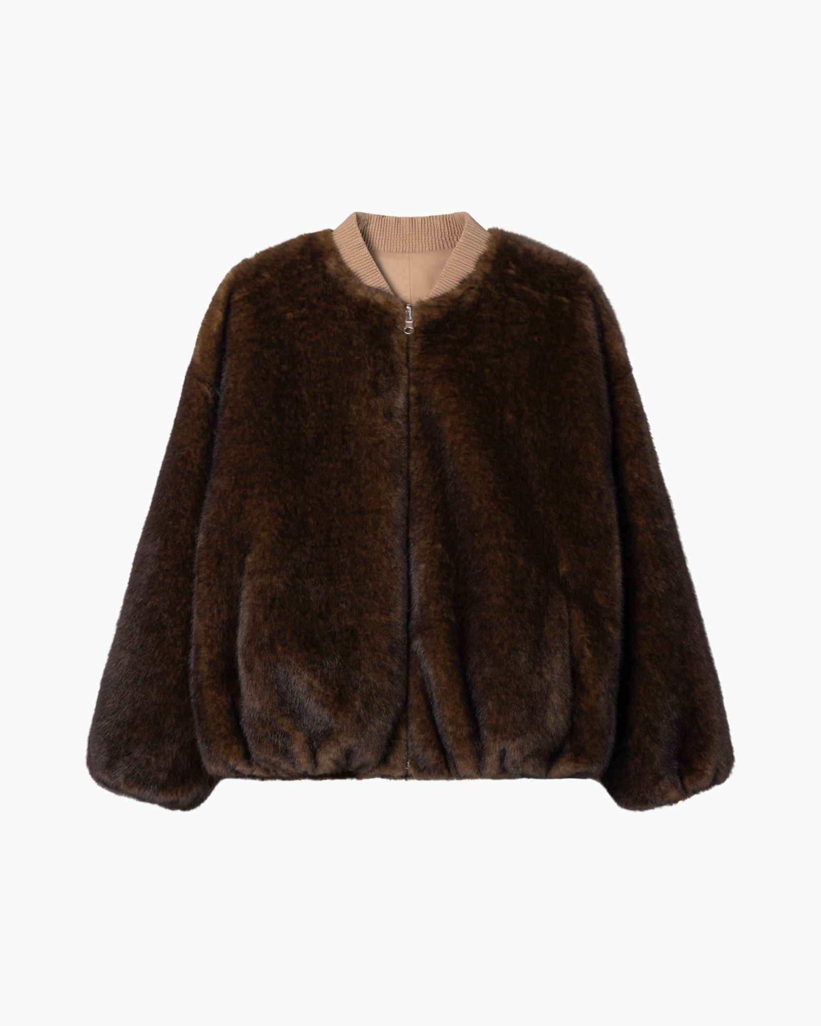 manteau en fourrure, bruin, rits, kraagloos, oversized