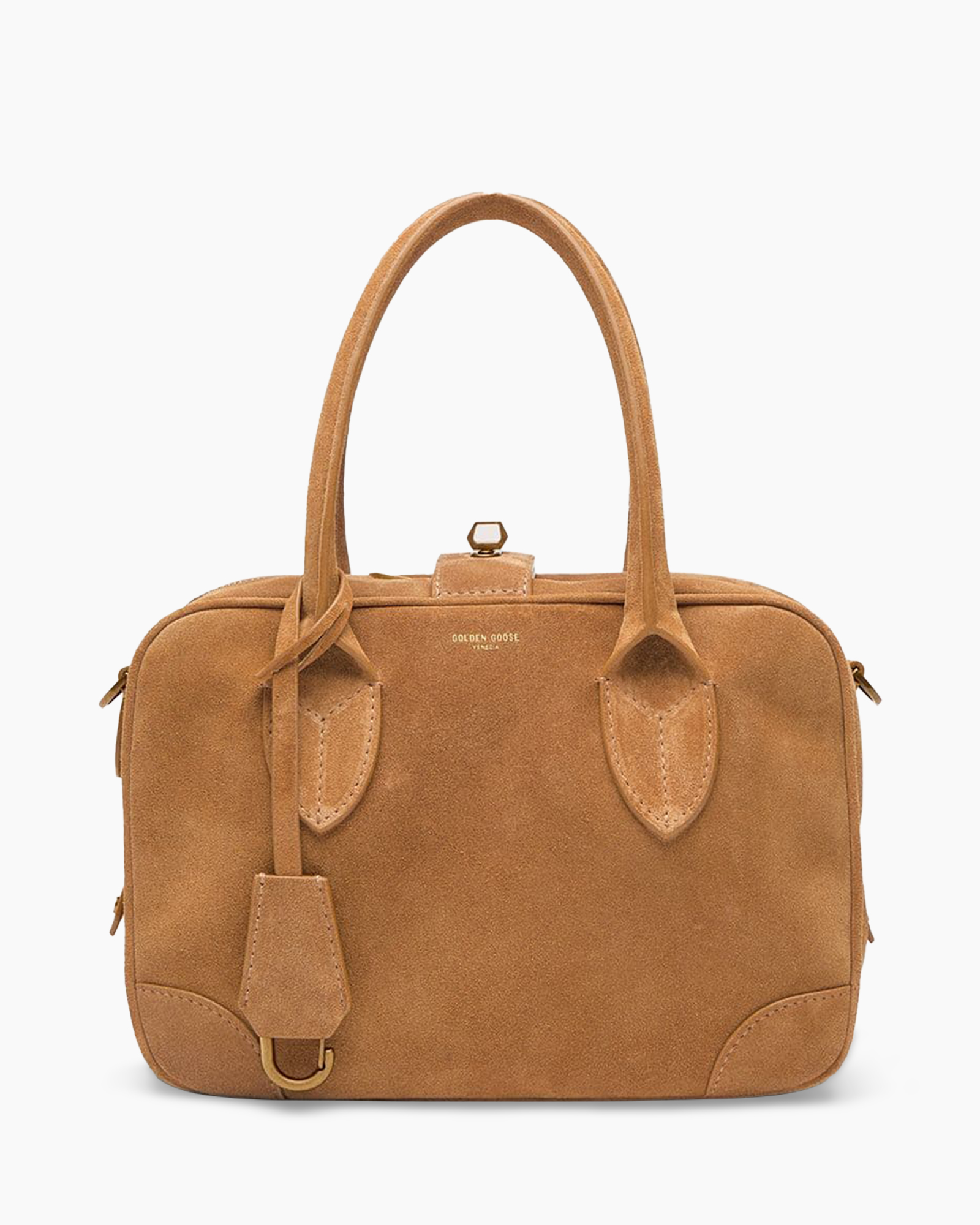 handbag, brown, suede, top-handle, structured