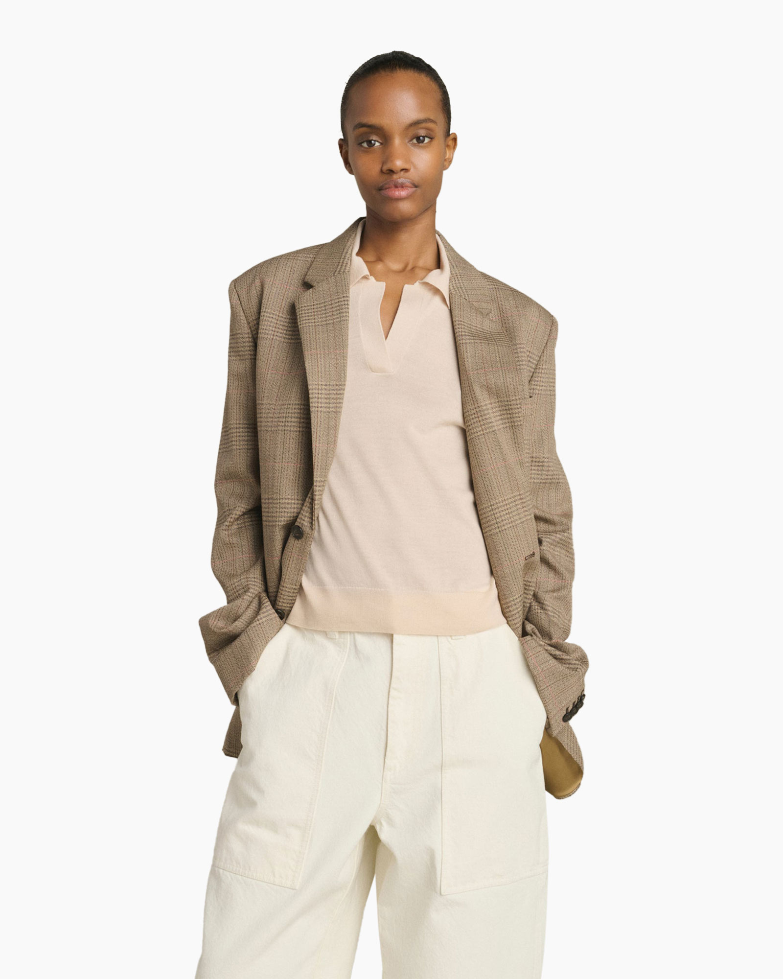 blazer, ruitenpatroon, vrouw, rond-neck top, beige