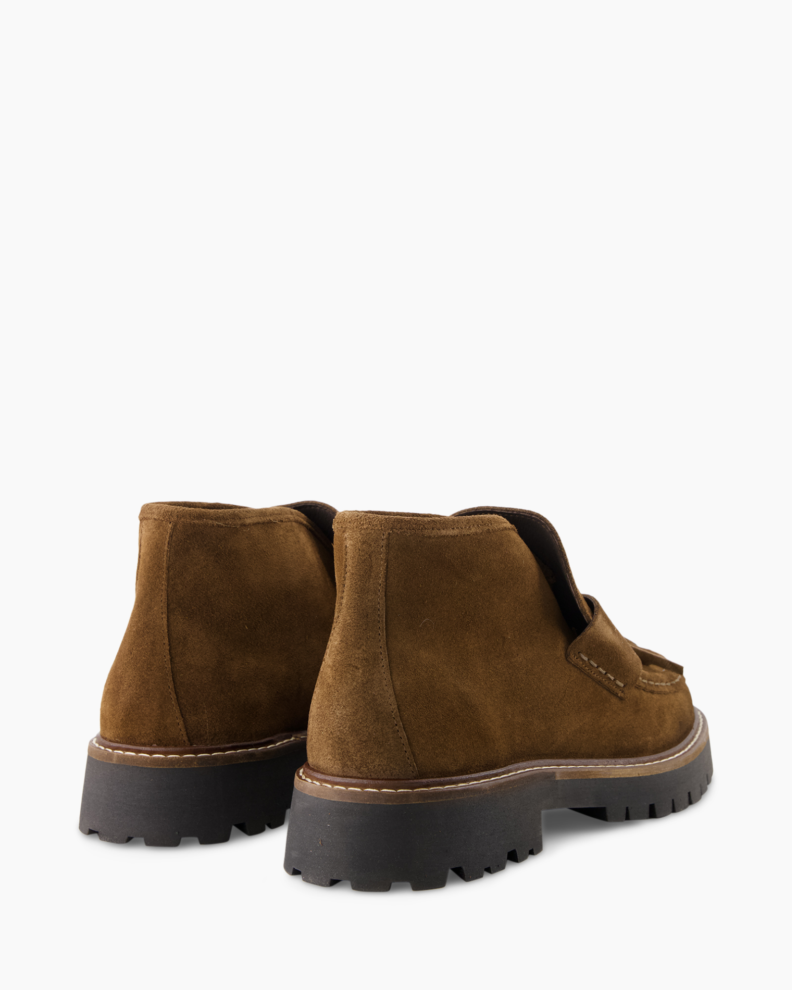 enkellaarsjes, suede, bruin, chunky zool, moc toe