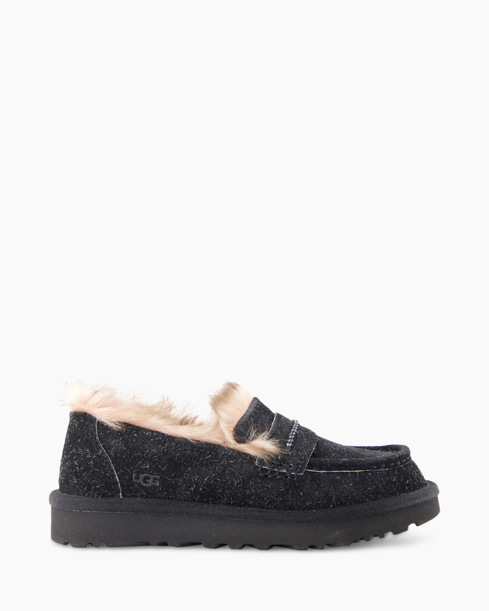 slippers, moccasin, fur trim, black, chunky sole