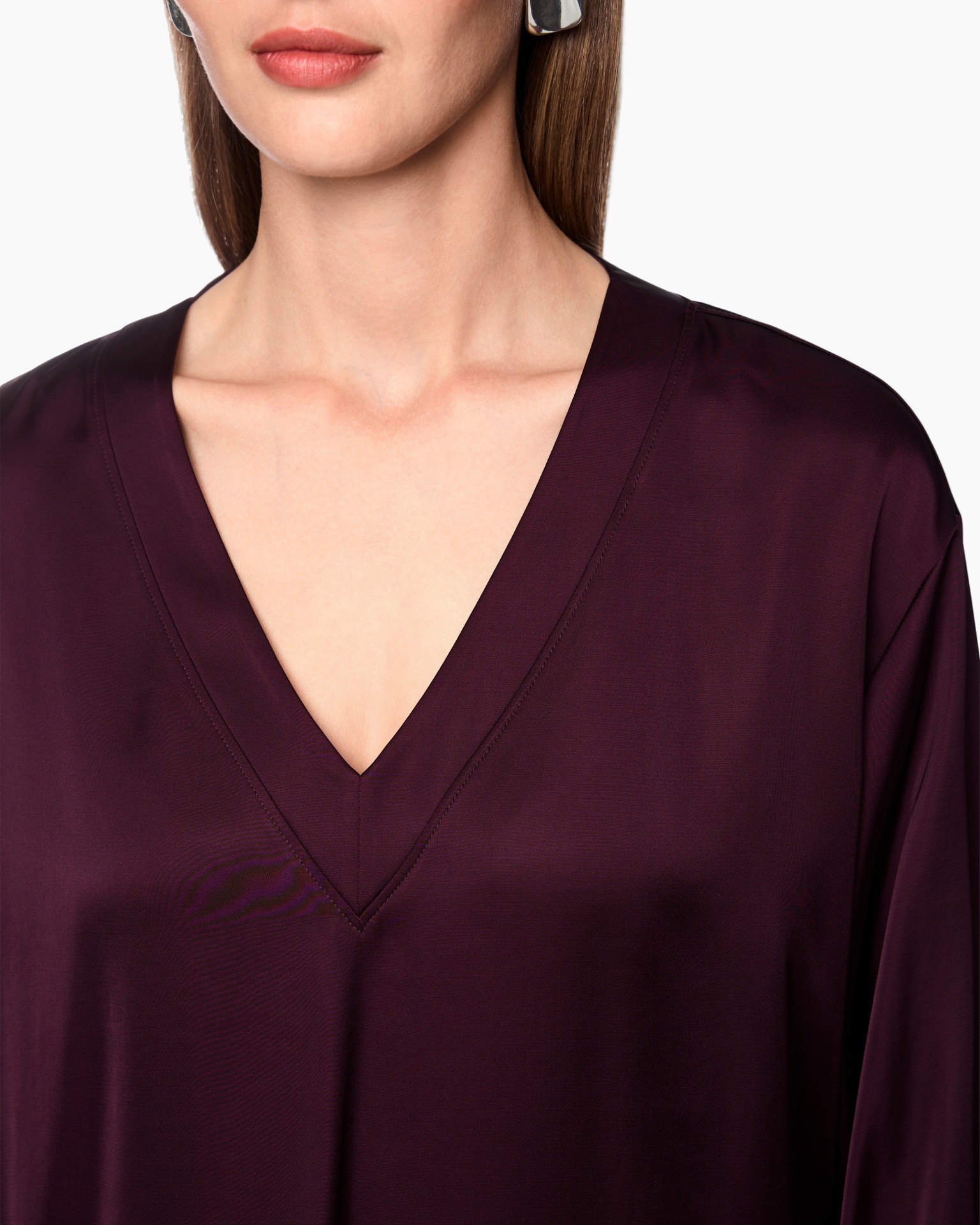 v-hals, blouse, donker-paars, zijden, top