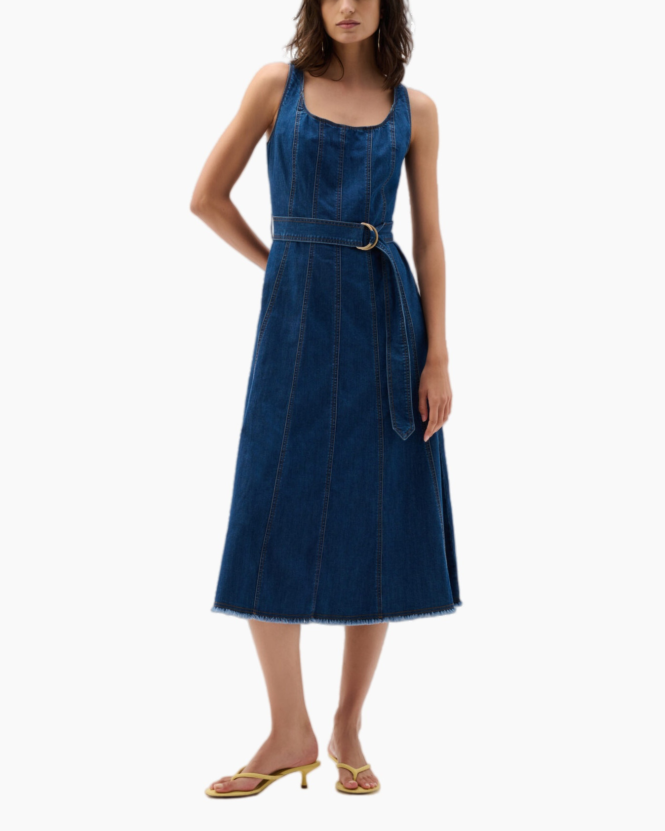 denim dress, sleeveless, belted, mid-length, jeans fabric