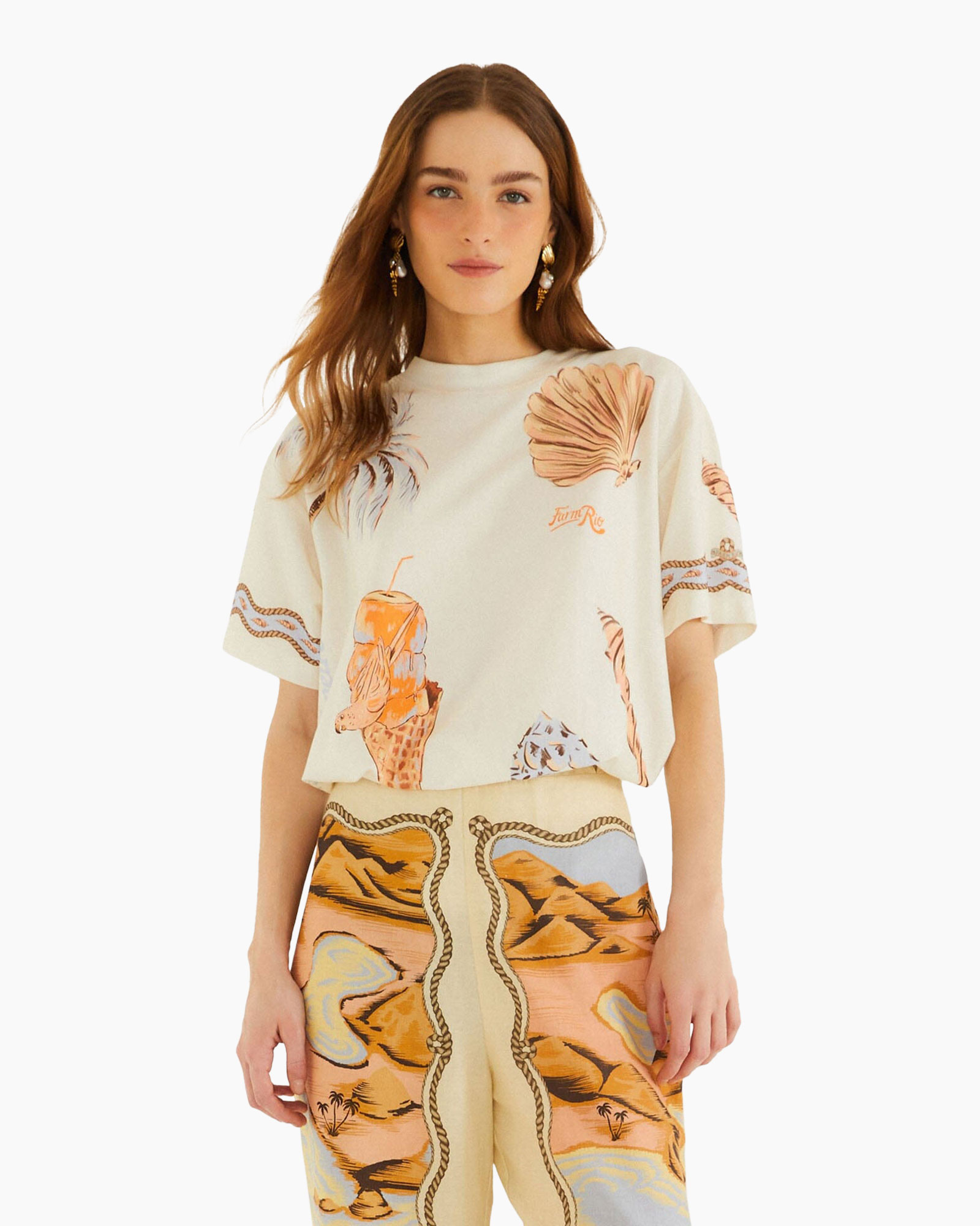 t-shirt, print met afbeeldingen, strandmotief, korte mouw, crèmekleur